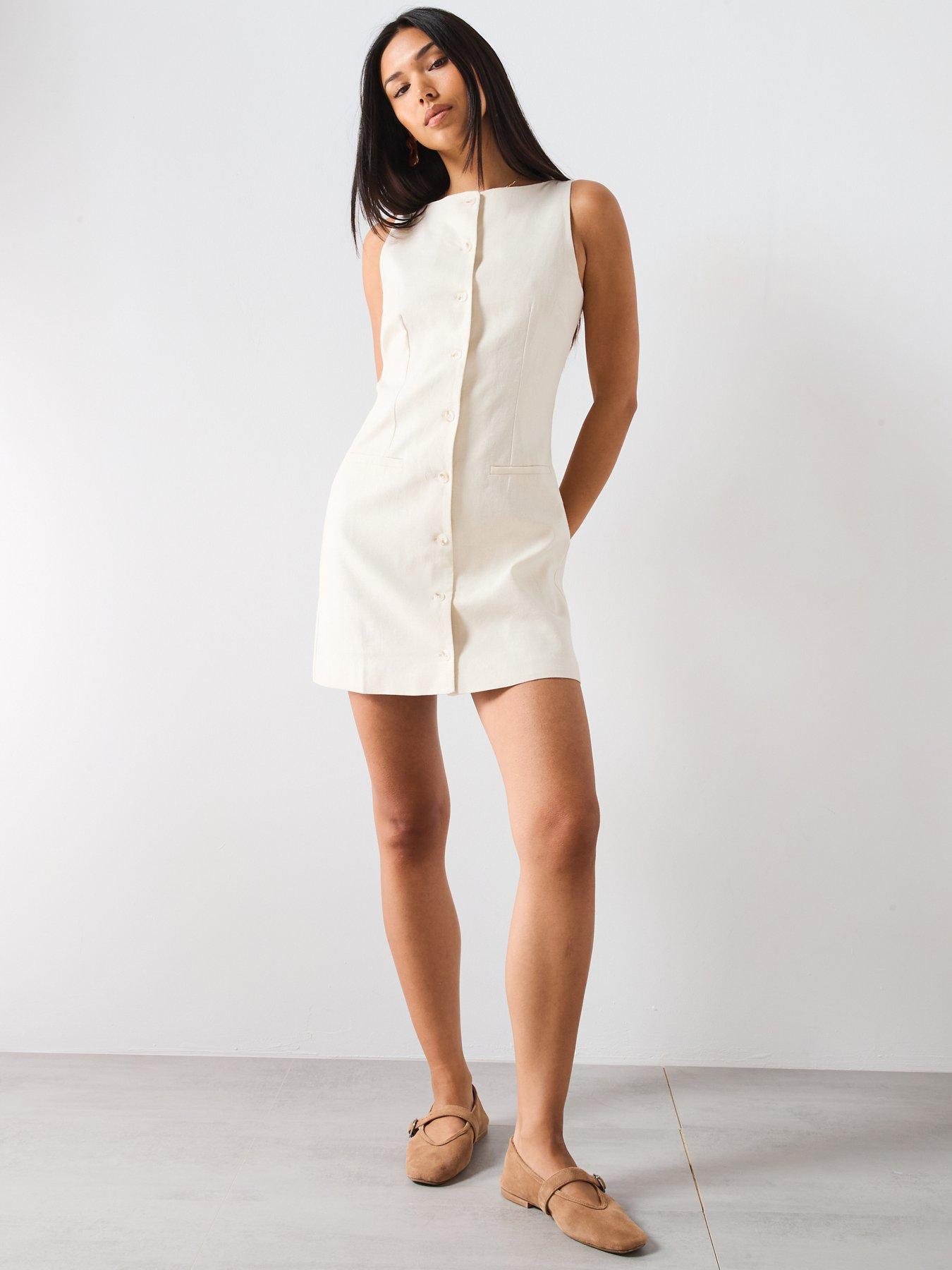 Image 3 of 6 of Mango Short Button Down Linen Blend Dress - Cream