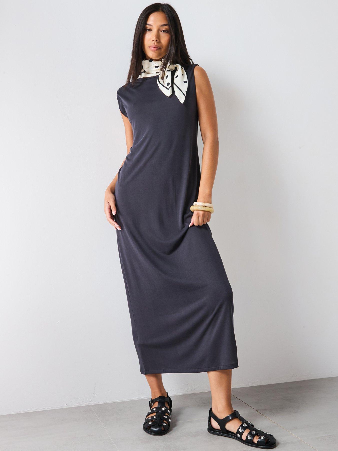 Image 1 of 6 of Mango Flowy Long Dress - Dark Grey
