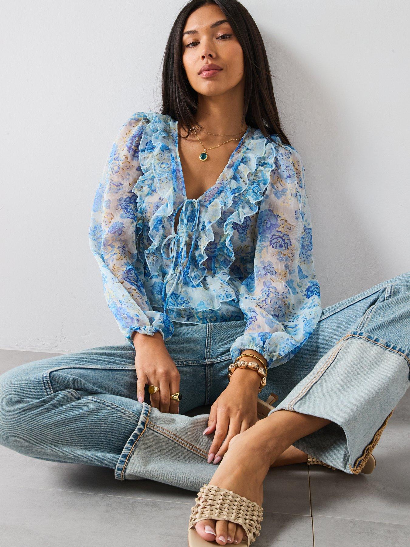Image 4 of 6 of Mango Floral Ruffled Blouse - Sky Blue