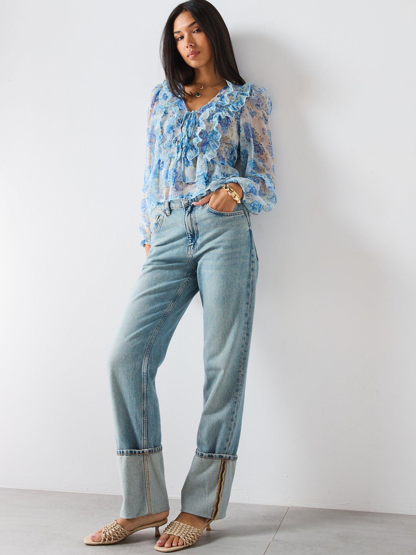 Image 5 of 6 of Mango Floral Ruffled Blouse - Sky Blue