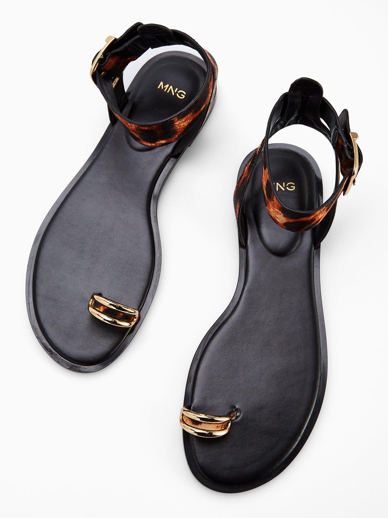 Image 3 of 6 of Mango Animal Print Leather Sandals - Black