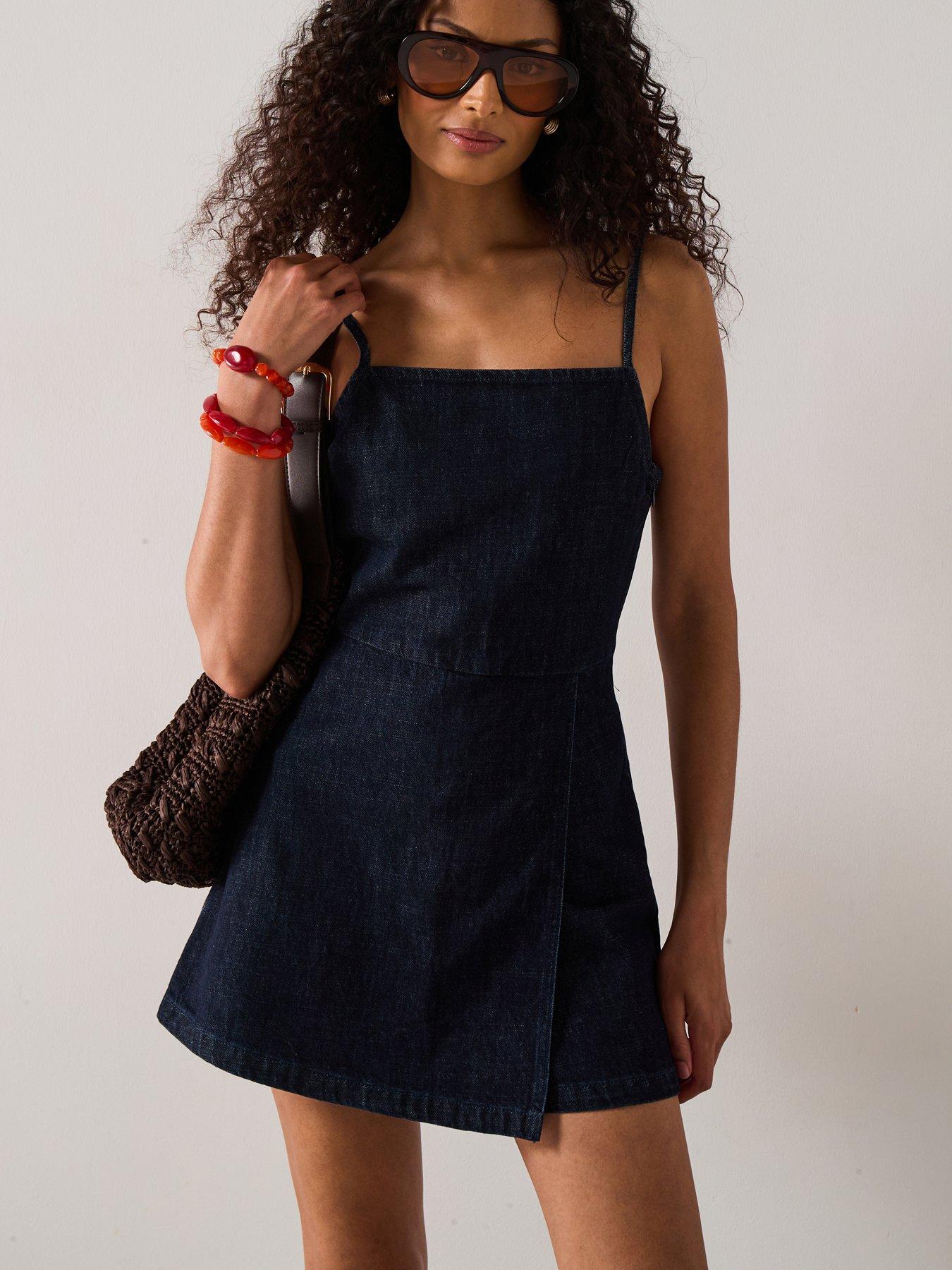 Image of Mango Denim Jumpsuit Short - Dark Blue