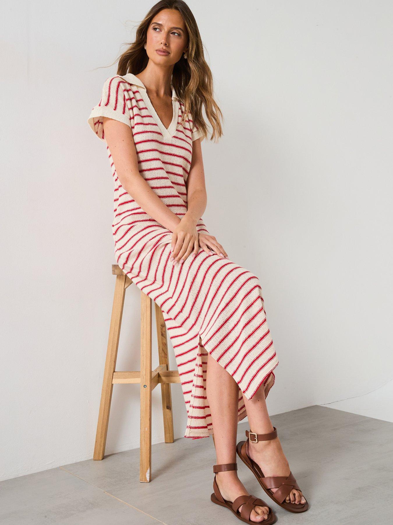 Image 1 of 6 of Mango Knitted Midi Dress - Red