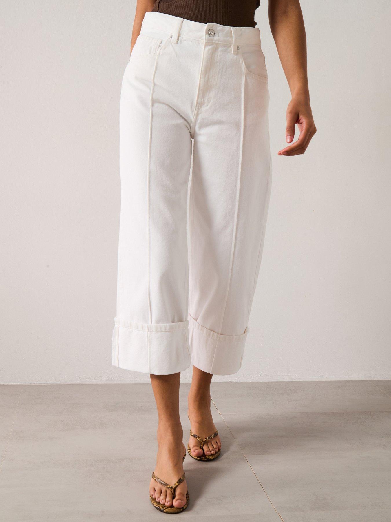 Image 1 of 6 of Mango Wide Leg Jeans With Turned Up Hem - White
