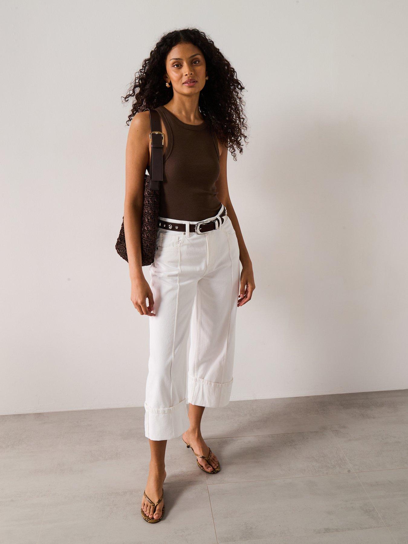 Image 3 of 6 of Mango Wide Leg Jeans With Turned Up Hem - White