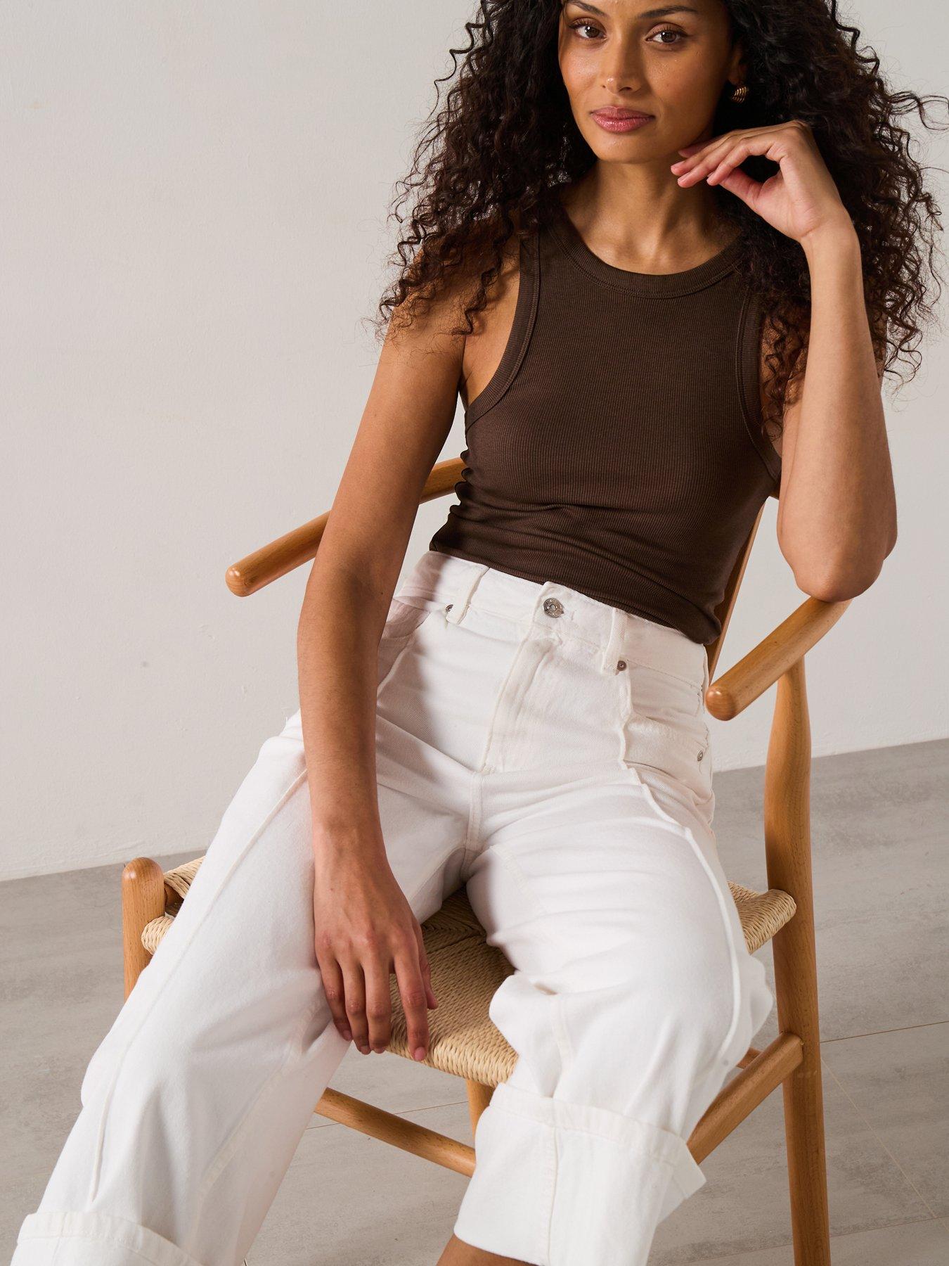Image 4 of 6 of Mango Wide Leg Jeans With Turned Up Hem - White