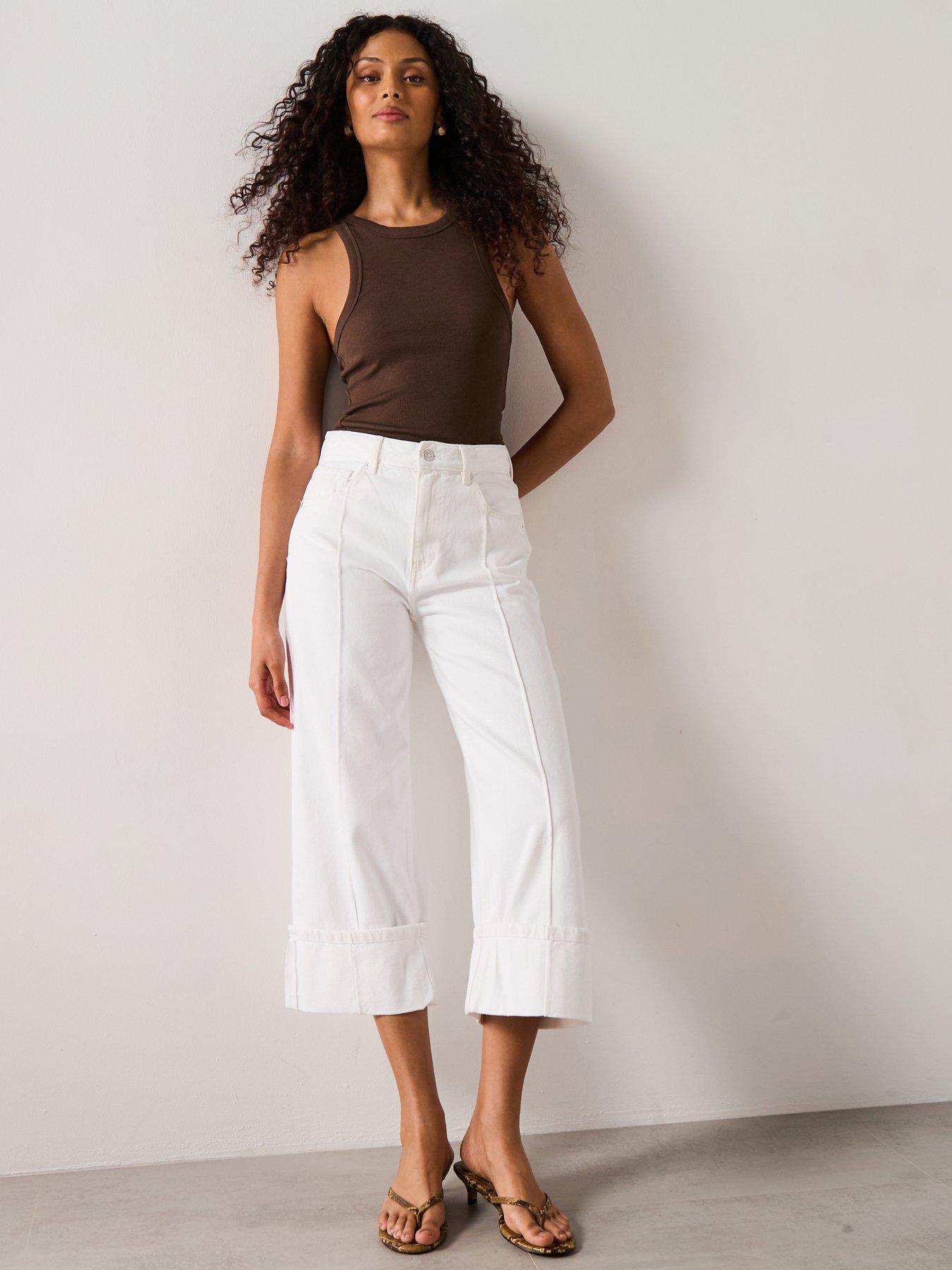 Image 6 of 6 of Mango Wide Leg Jeans With Turned Up Hem - White