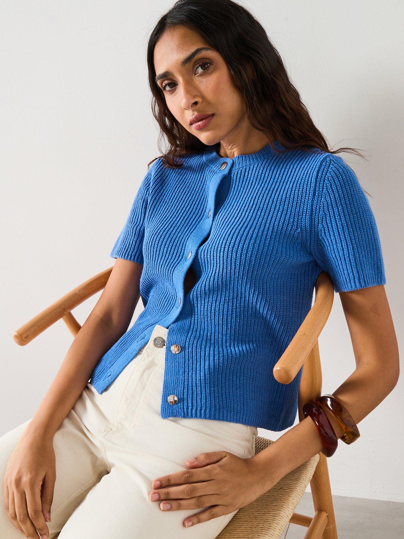 mango-short-sleeved-knitted-cardigan-blueoutfit
