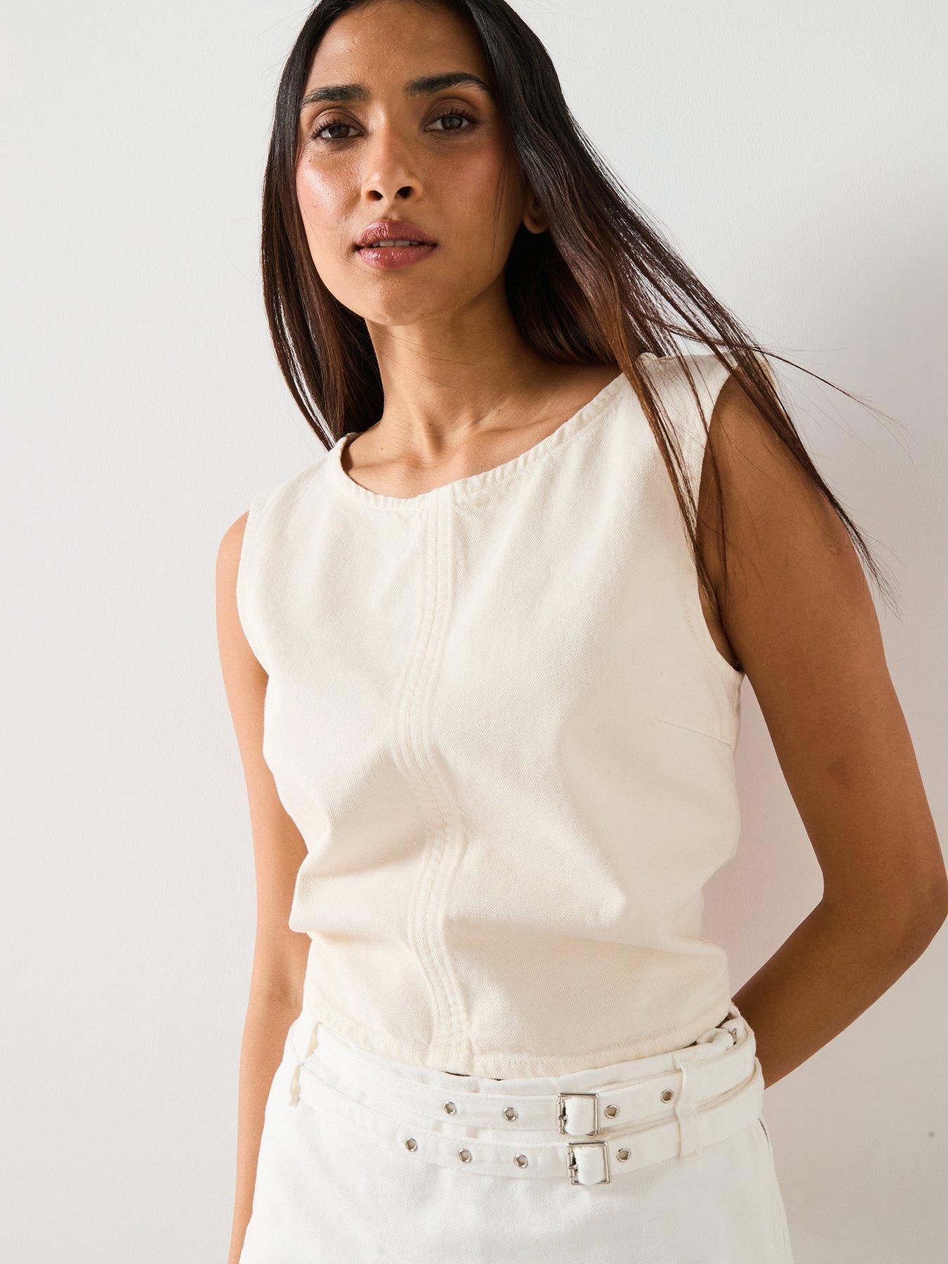Mango Denim Crop Top With Buckle Closure - Cream