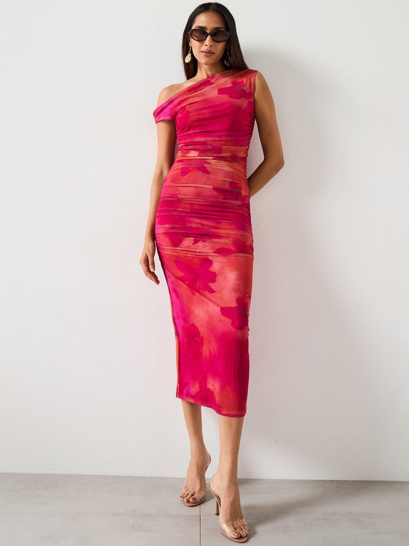 undefined Floral Midi Dress With Asymmetric Neckline - Pink