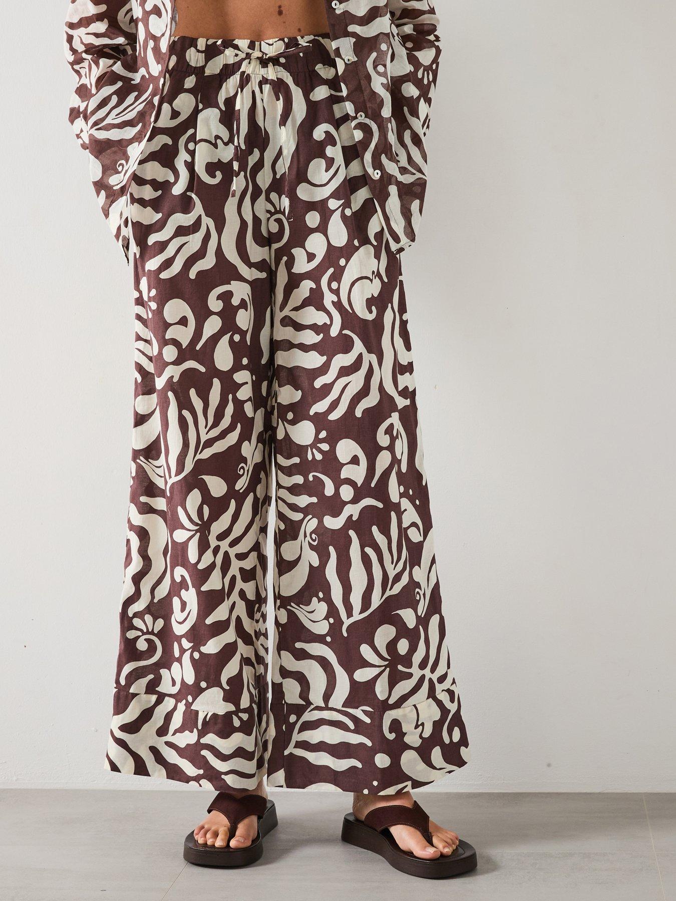 Image of Mango Printed Cotton Trousers - Brown