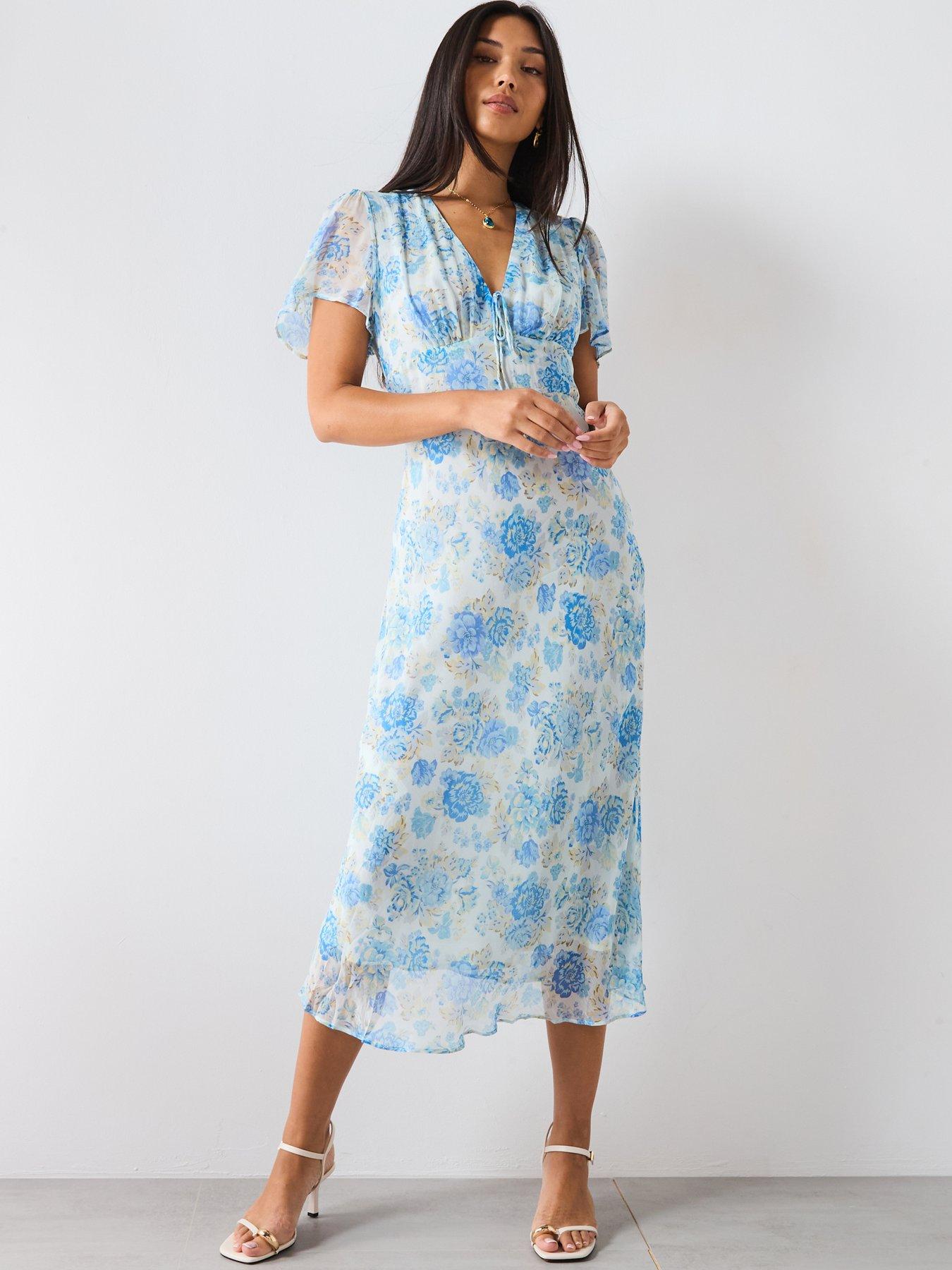 undefined Long Floral Dress With Short Sleeves - Blue