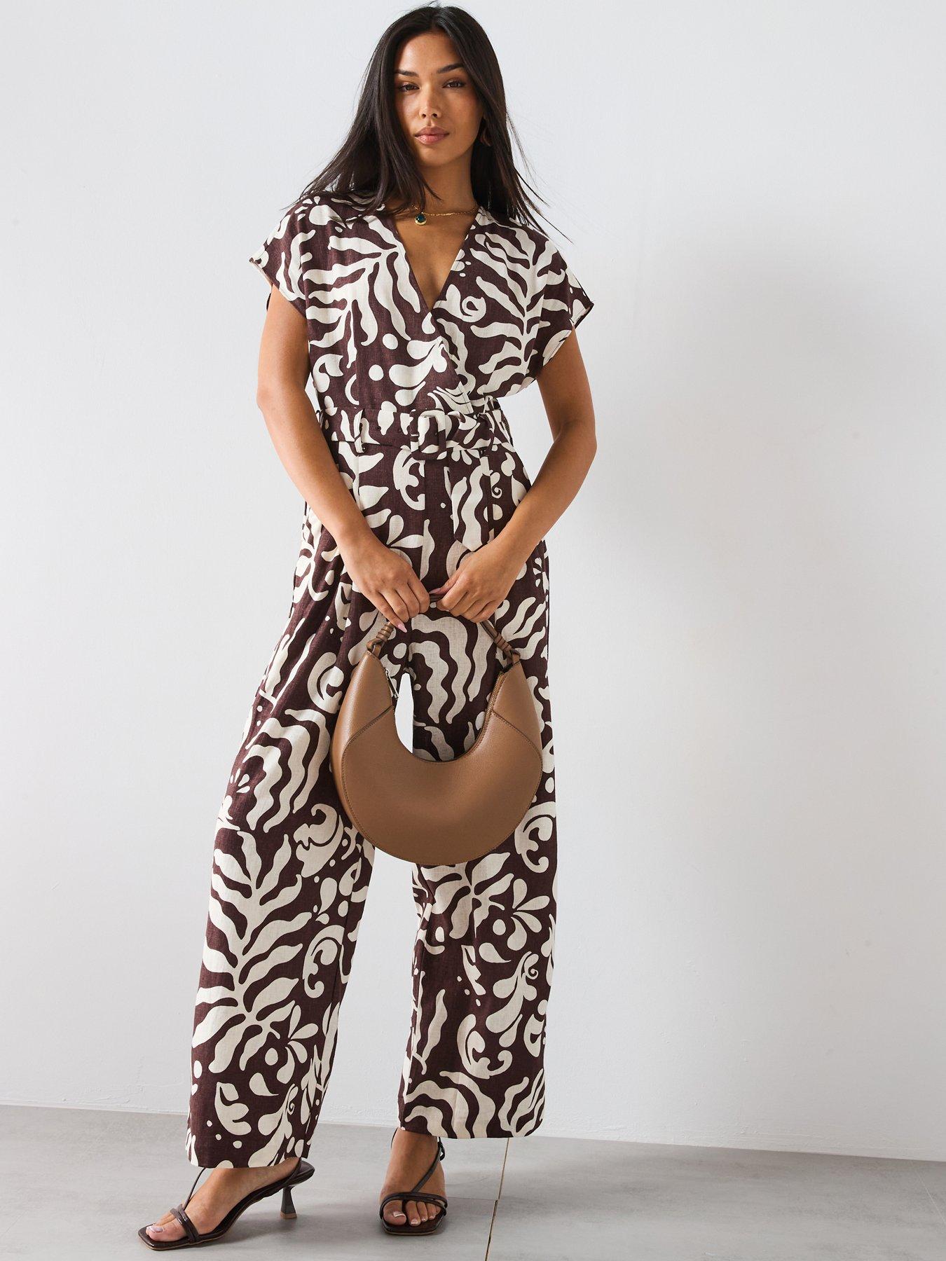 undefined Printed Linen Jumpsuit With Belt - Brown