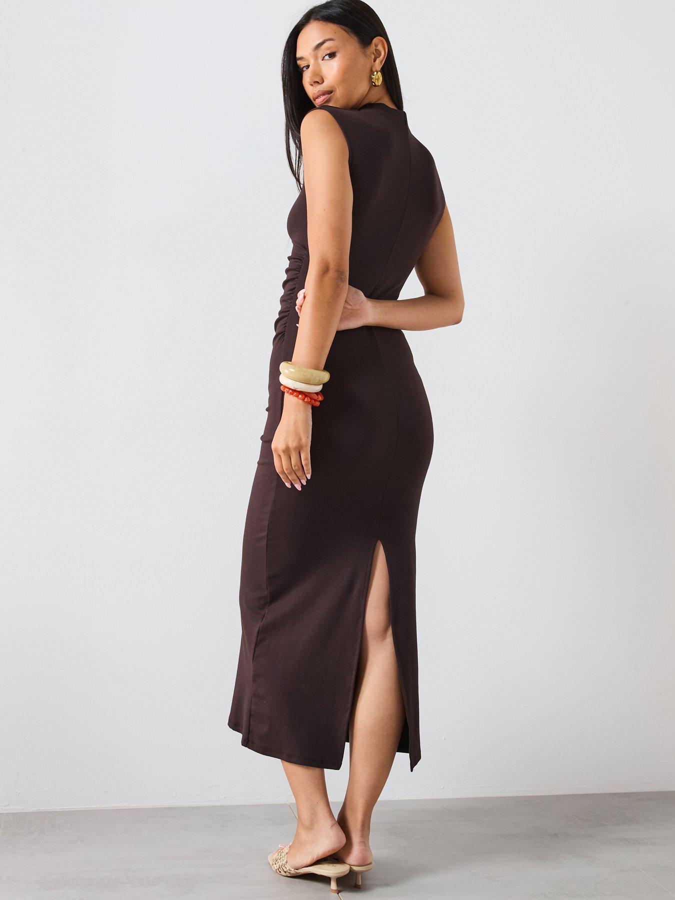 mango-draped-dress-with-perkins-collar-brownstillFront
