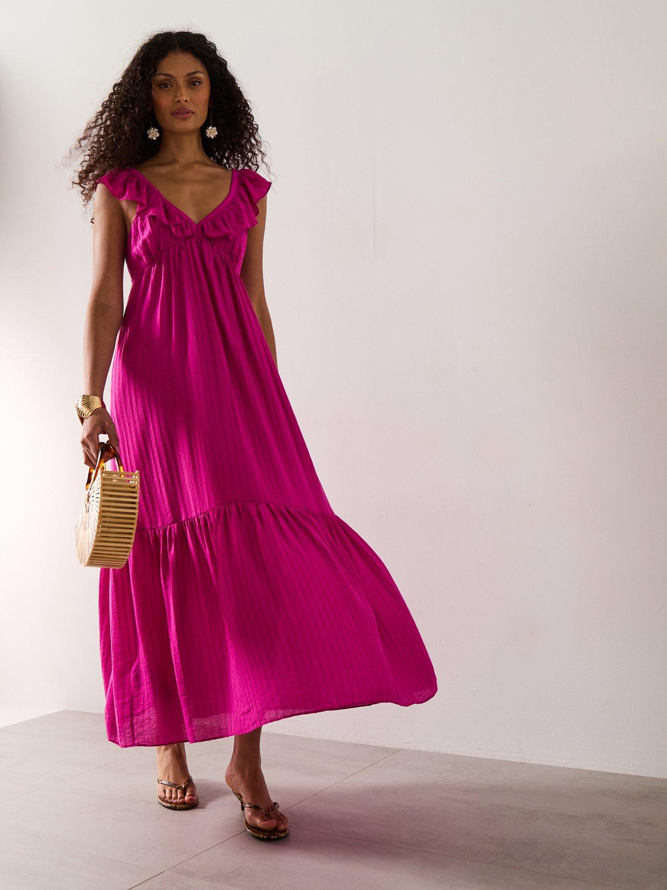 Mango Long Dress With Ruffle Neckline - Pink