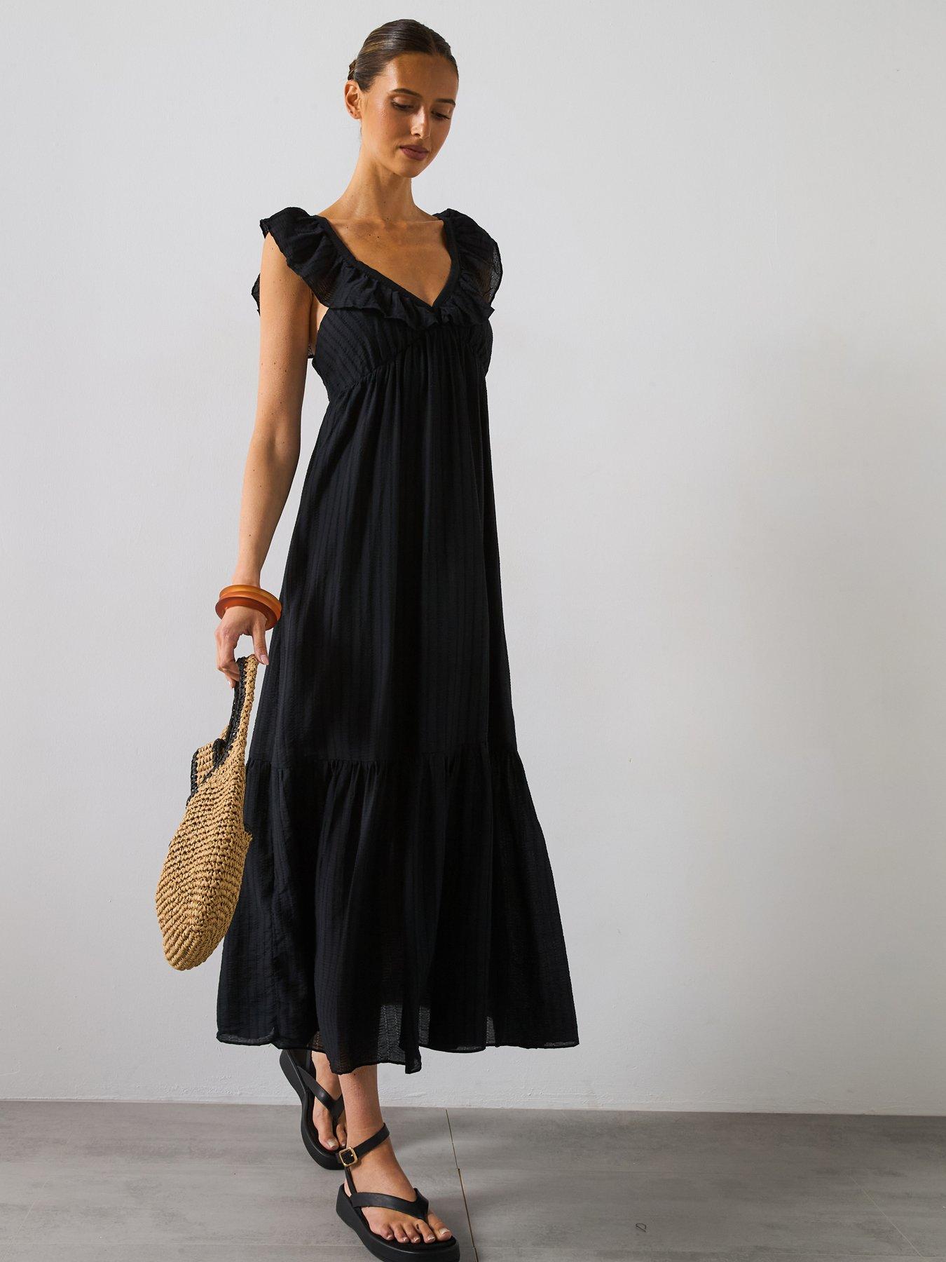 Image 1 of 5 of Mango Frill V-Neck Midi Dress - Black