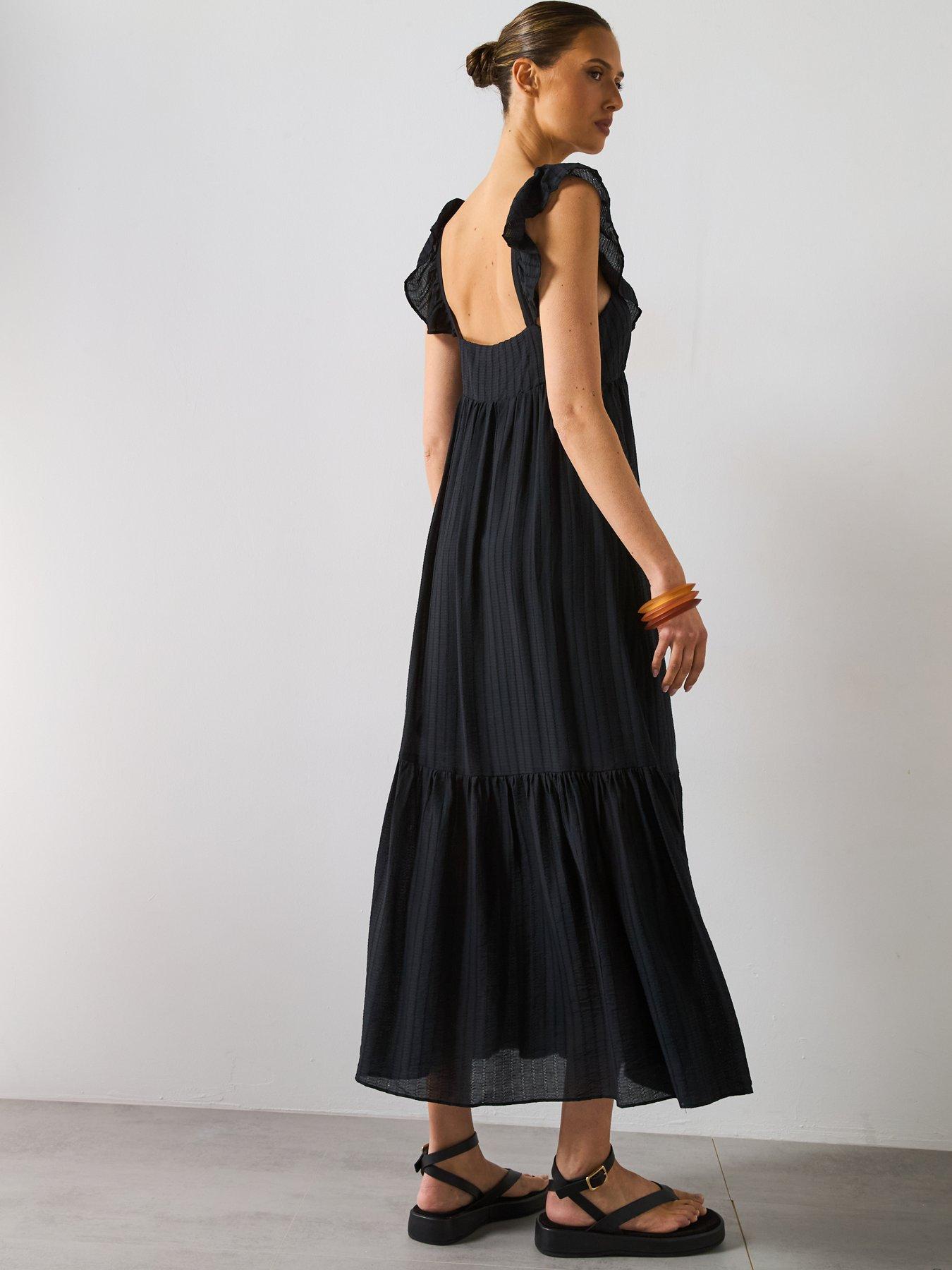 Image 2 of 5 of Mango Frill V-Neck Midi Dress - Black
