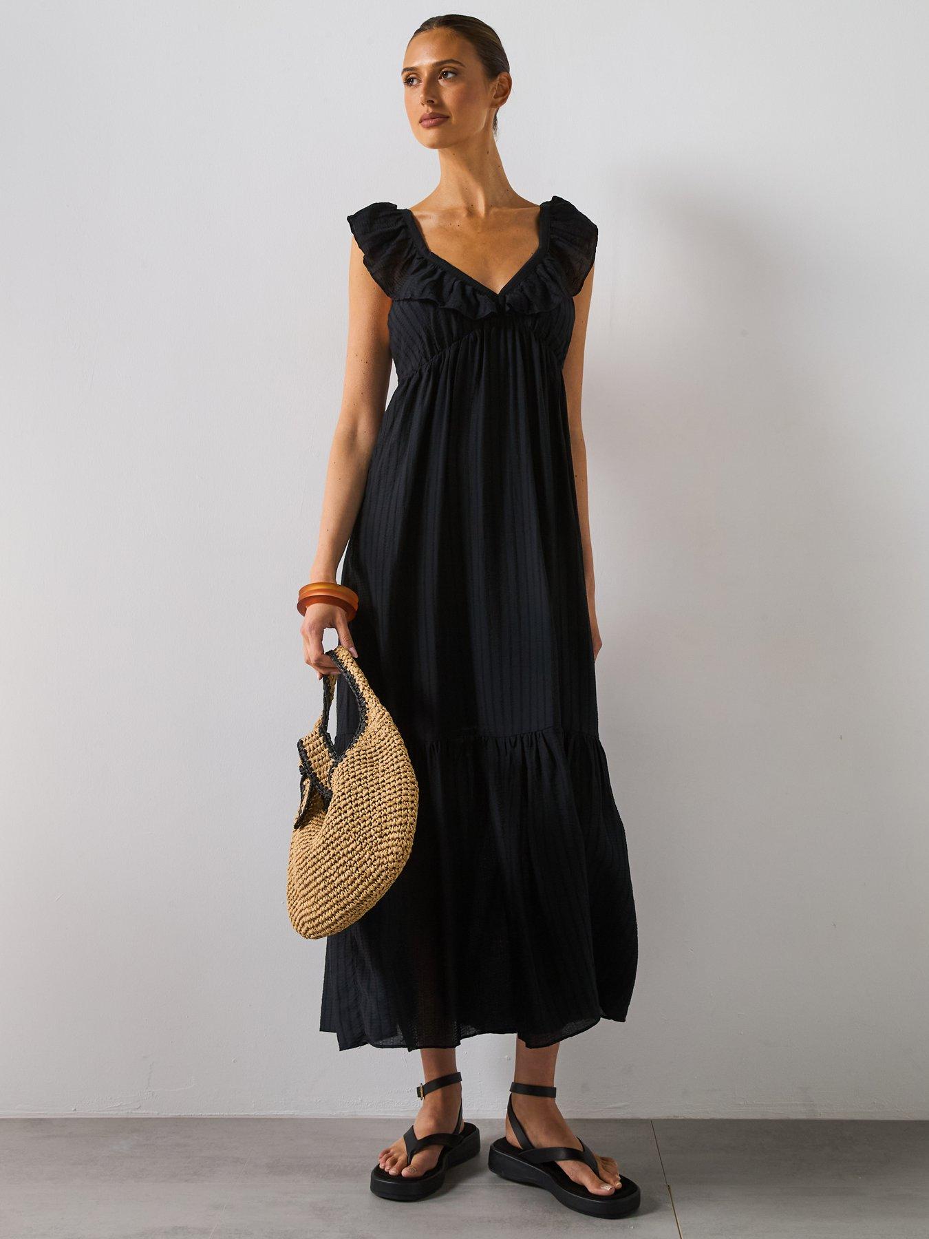 Image 3 of 5 of Mango Frill V-Neck Midi Dress - Black
