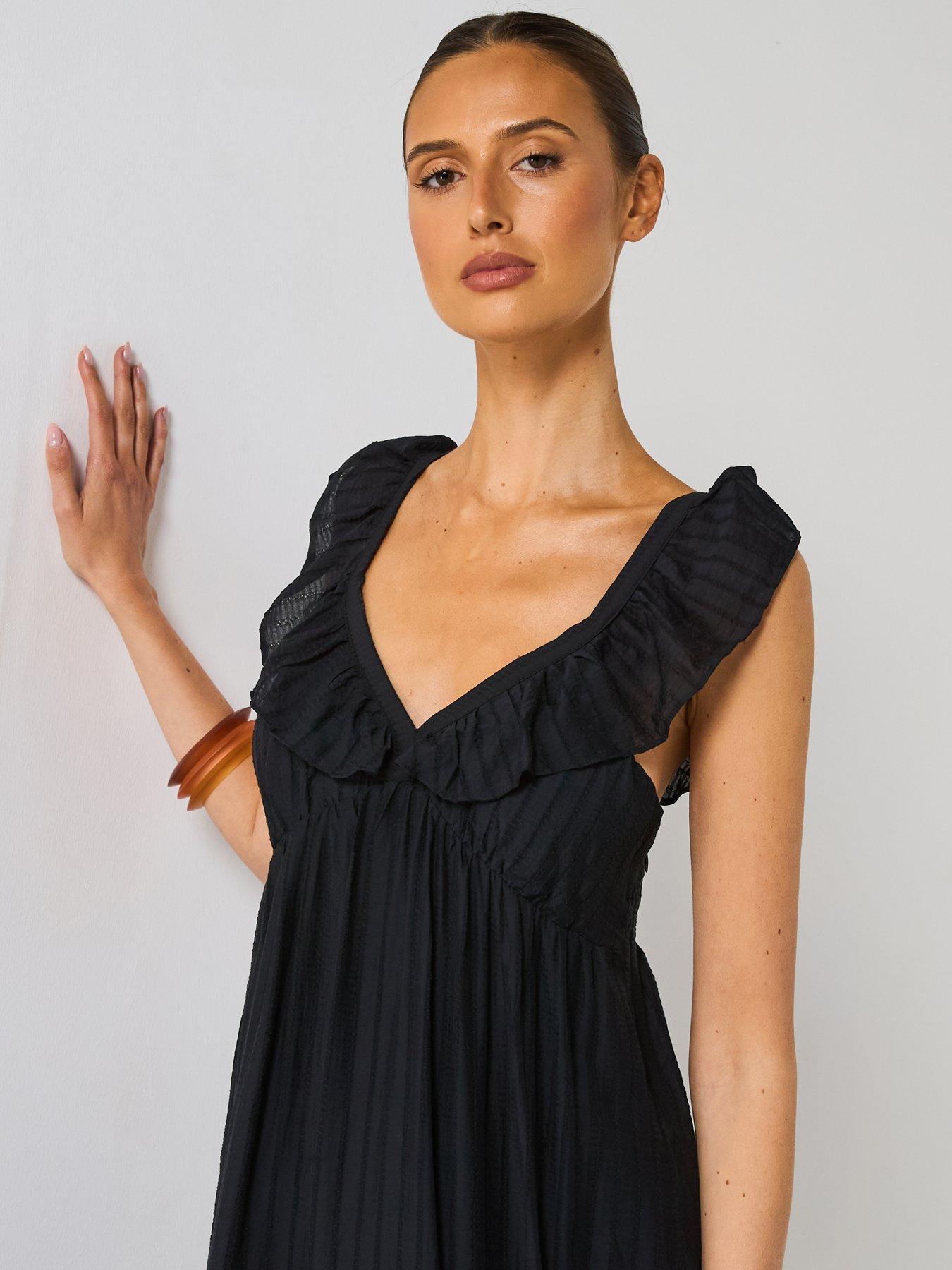 Image 4 of 5 of Mango Frill V-Neck Midi Dress - Black