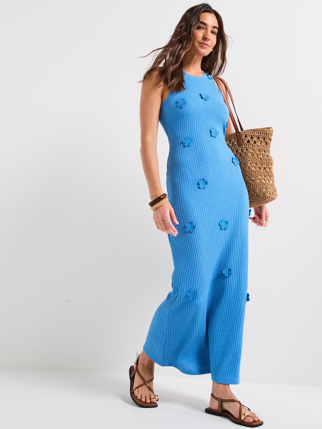 undefined Crochet Knit Flower Detail Maxi Dress - Blue