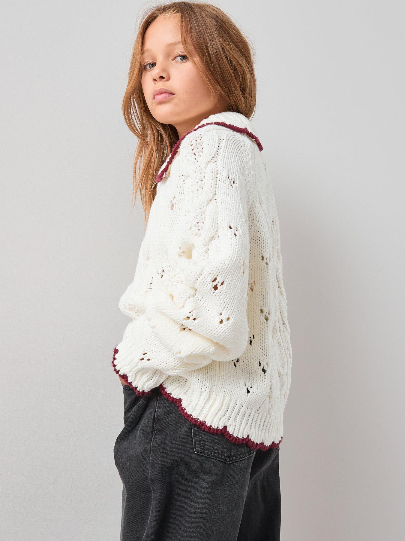 the-very-collection-girls-cable-knit-hem-contrast-jumper-with-collar-creamstillFront