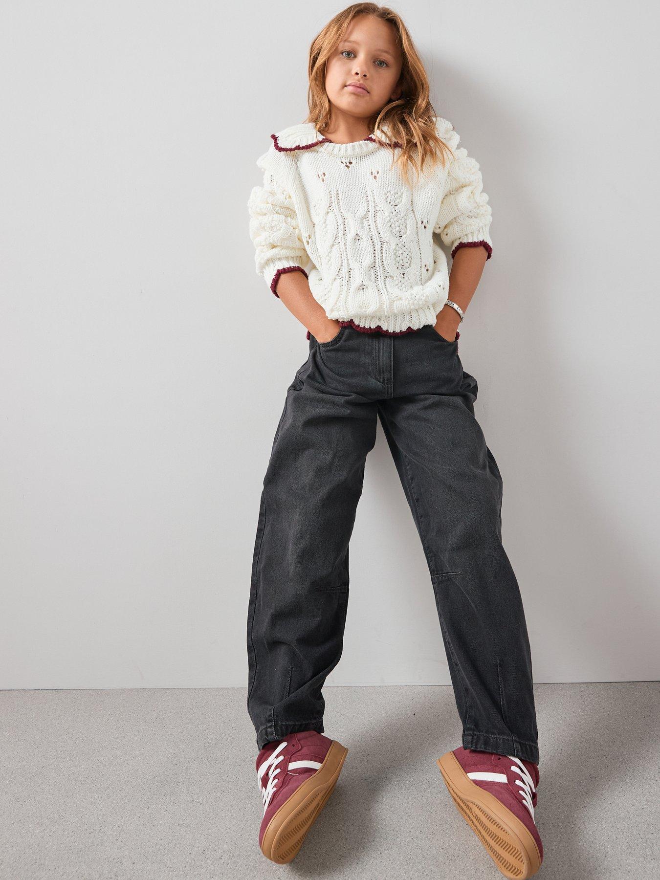 the-very-collection-girls-cable-knit-hem-contrast-jumper-with-collar-creamback