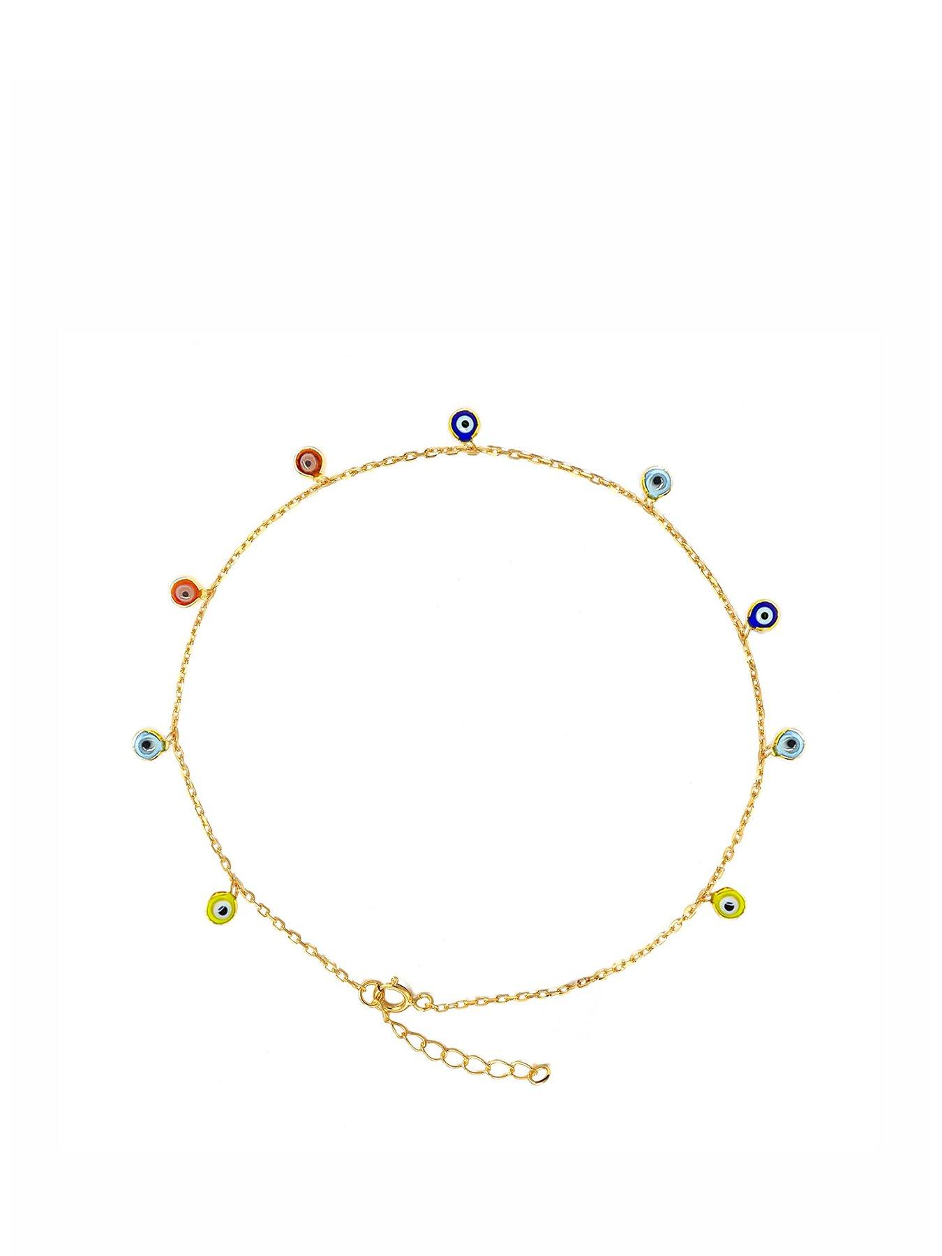 The Love Collection Gold Plated Sterling Silver Multi Coloured Evil Eye Anklet