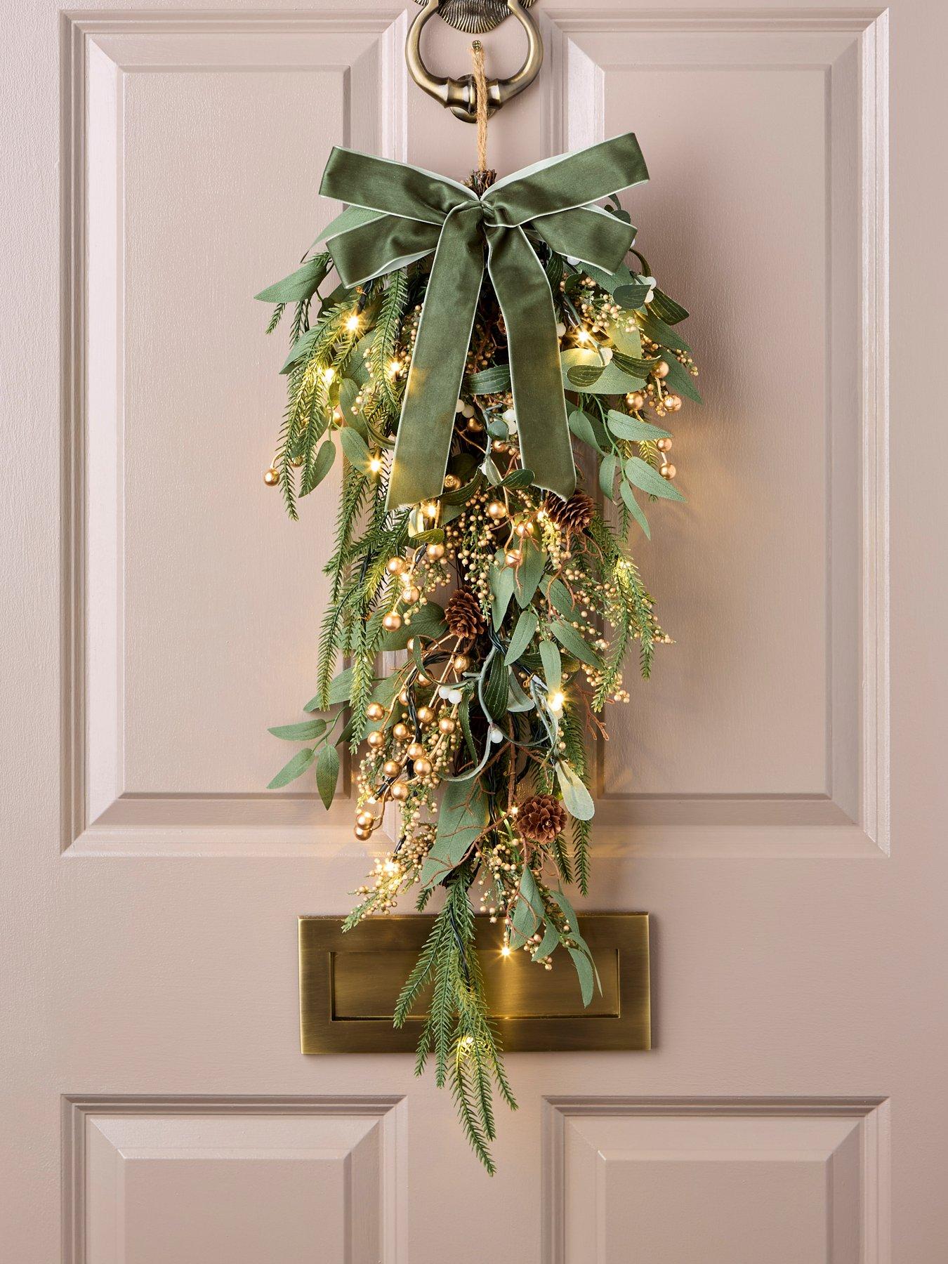 very-home-mistletoe-and-gold-berry-pre-litnbspteardrop-christmas-wreath-70-cm