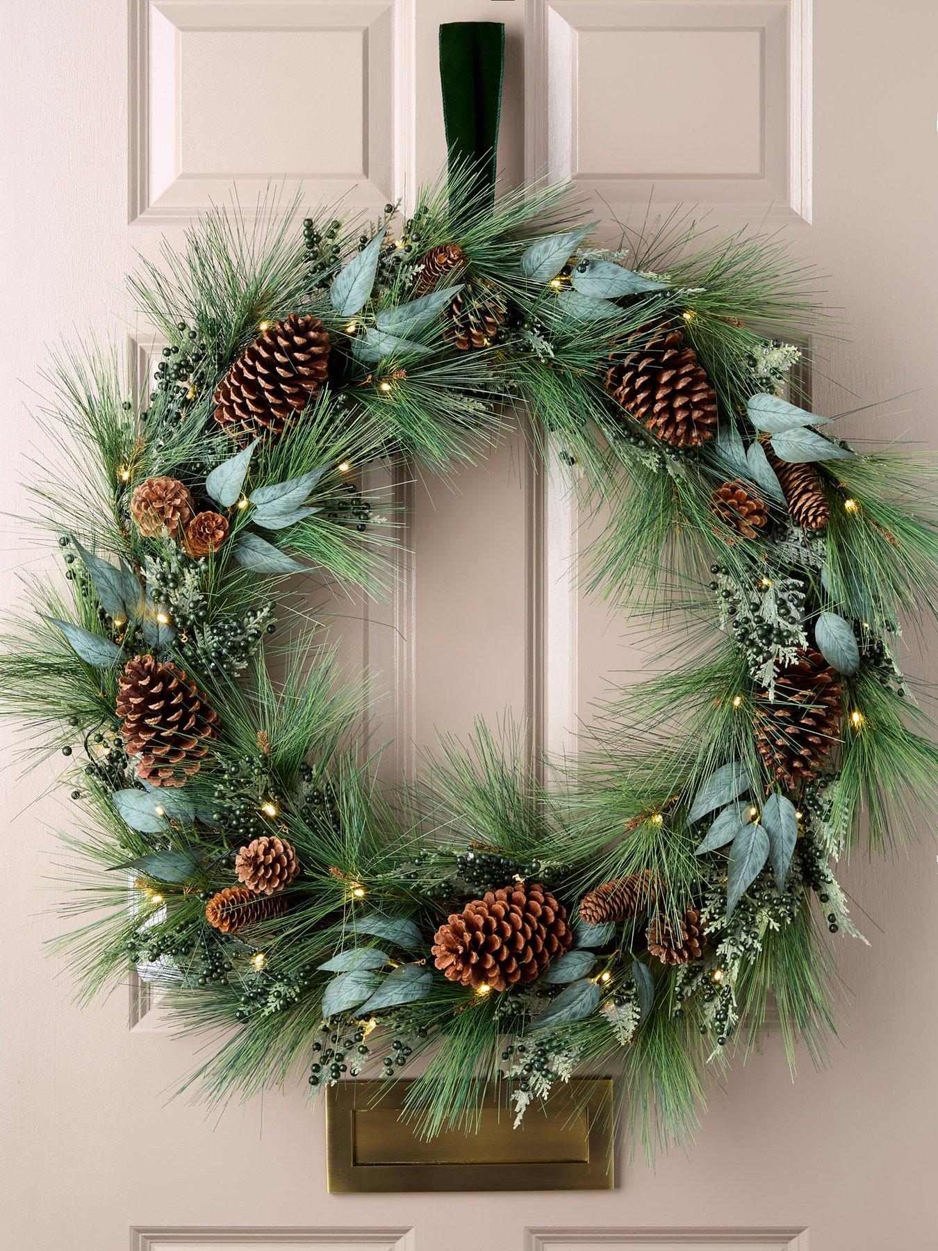very-home-pre-lit-christmas-wreath-with-green-berries-and-pinecones-90-cm