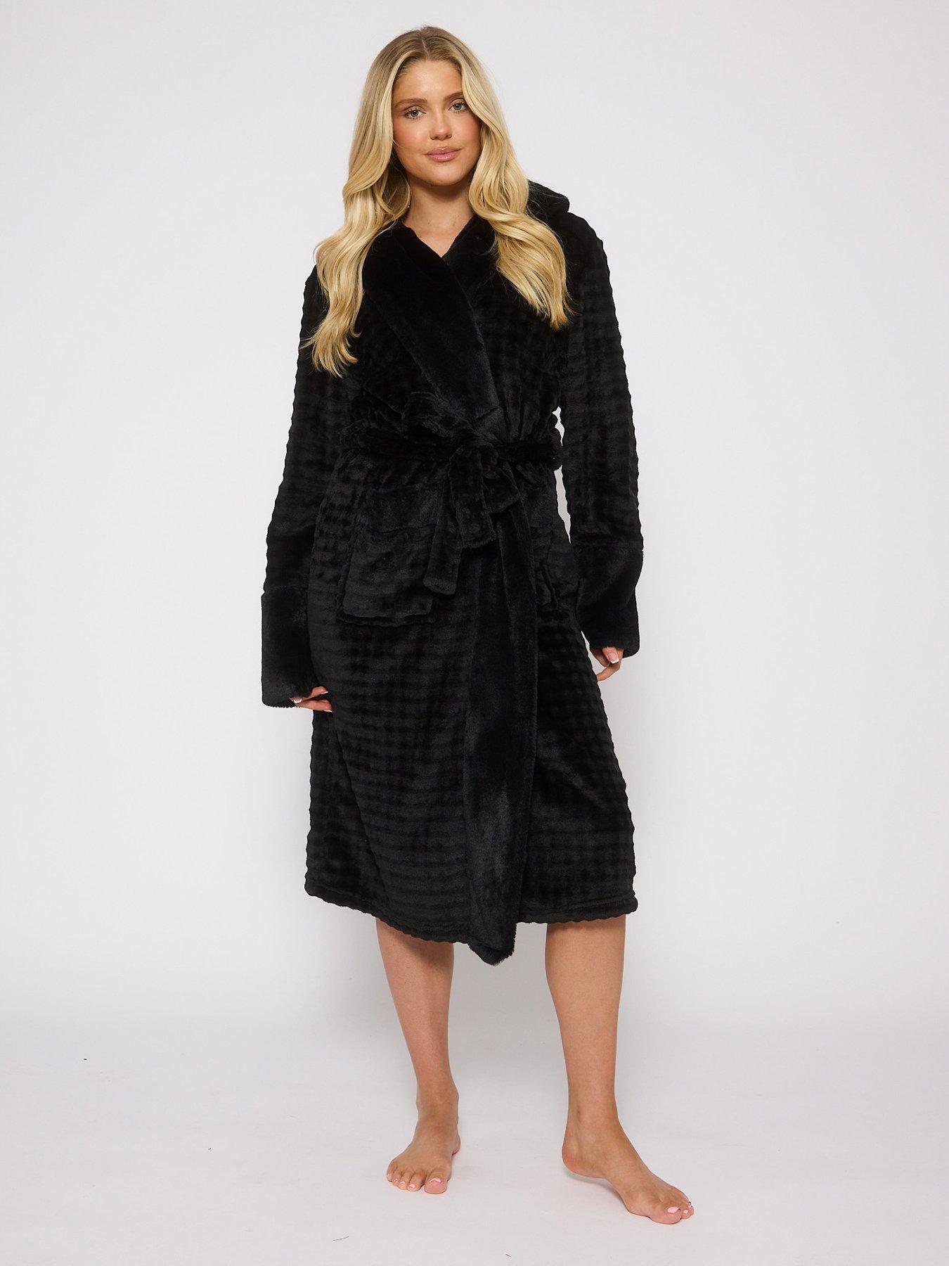 Loungeable Ribbon Trim Luxury Fleece Hooded Maxi Dressing Gown - Black