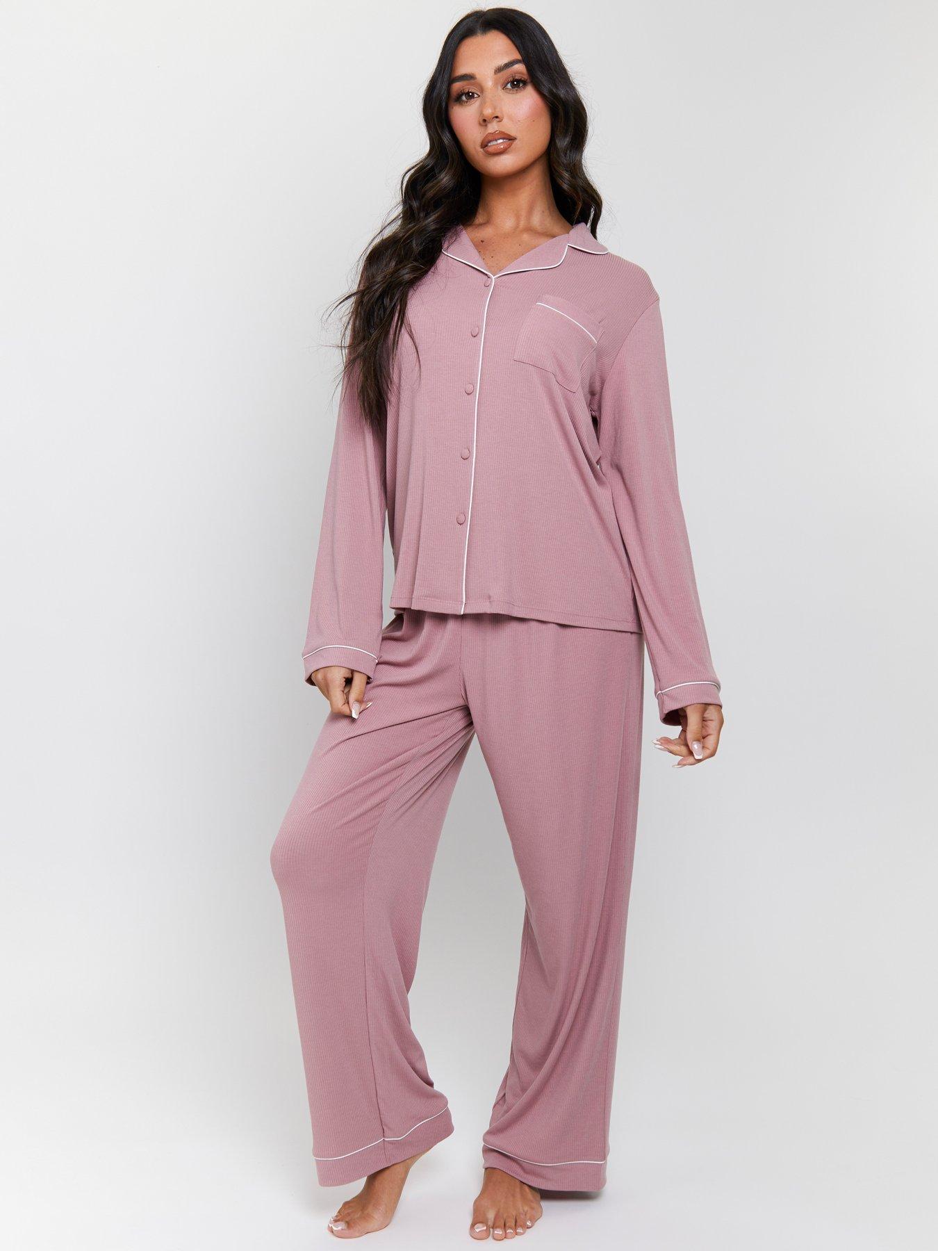 Loungeable Rib Long Sleeve Traditional Shirt And Long Pant - Hot Pink