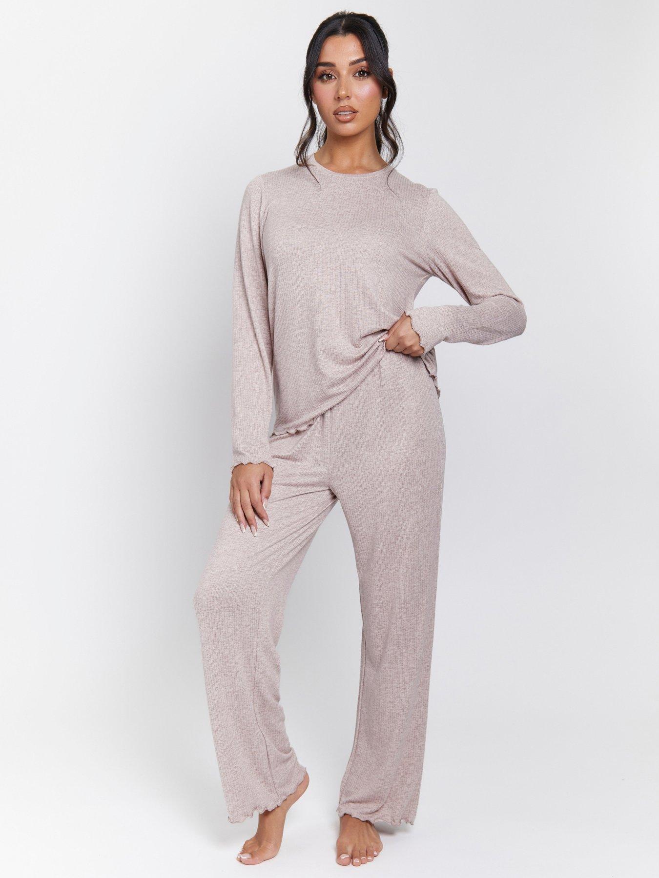 Loungeable Marl Brushed Knit Rib Long Sleeve And Trouser Pyjama Set - Taupe
