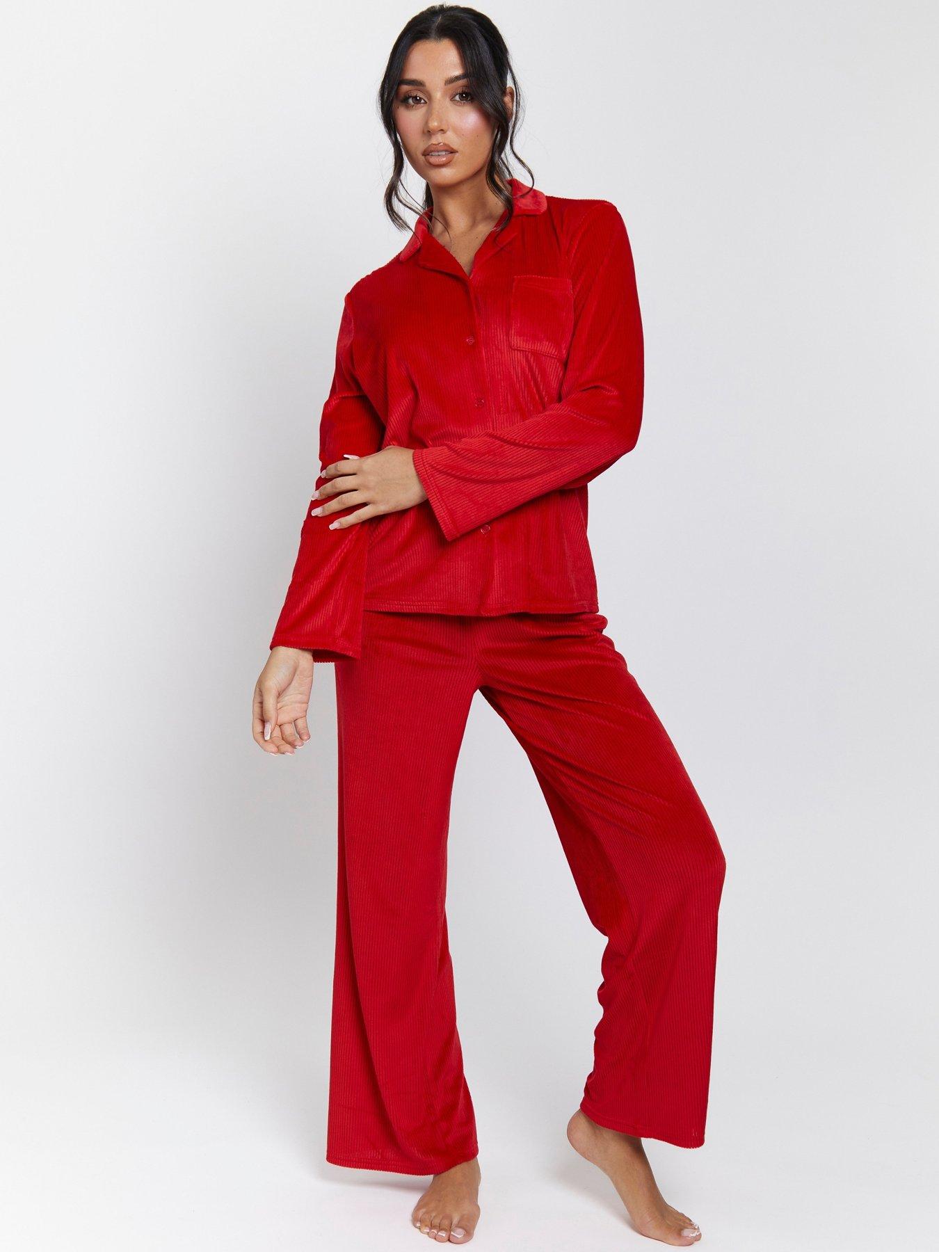 loungeable-velour-rib-long-sleeved-traditional-pyjama-set-red