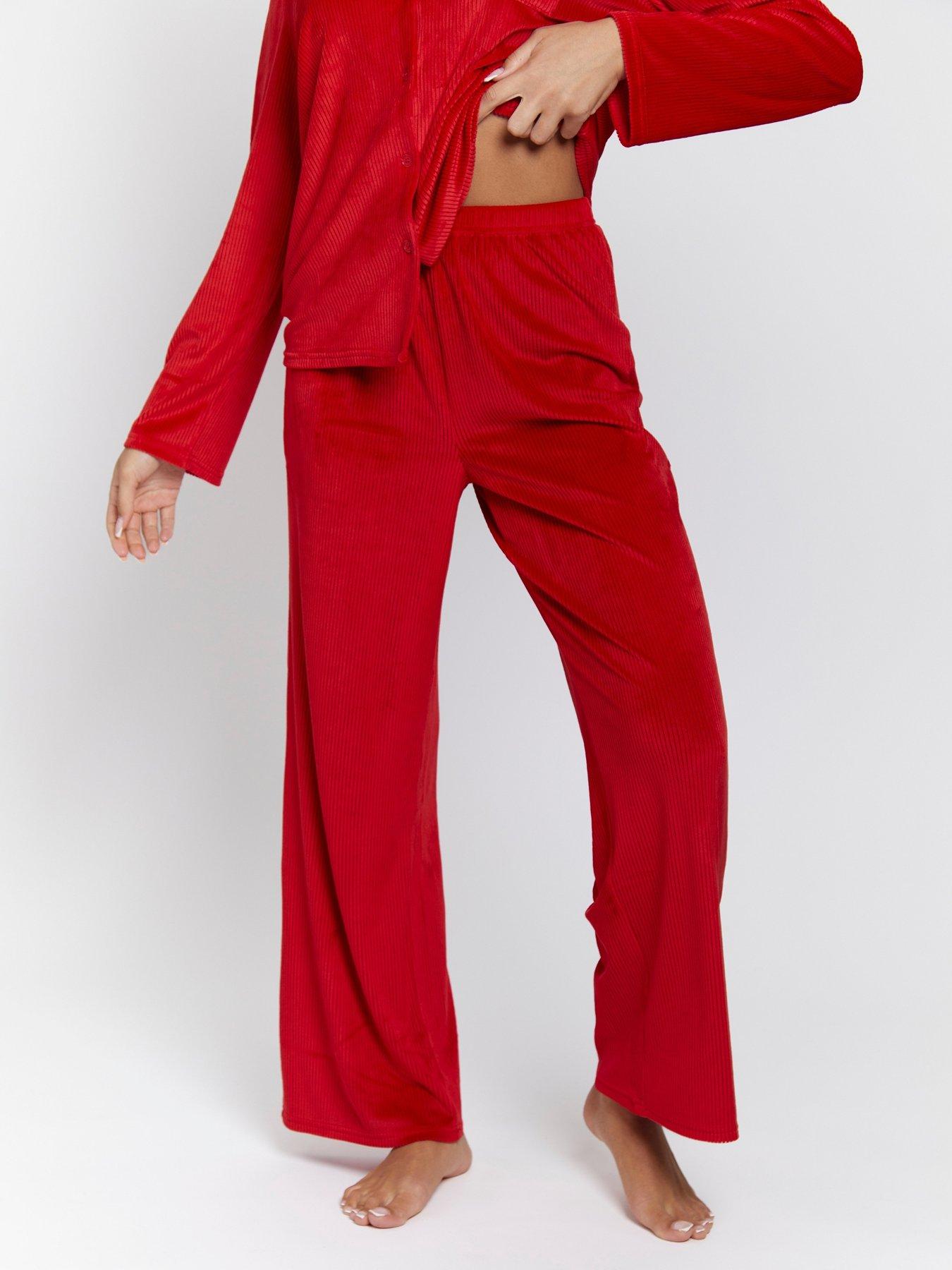 loungeable-velour-rib-long-sleeved-traditional-pyjama-set-reddetail