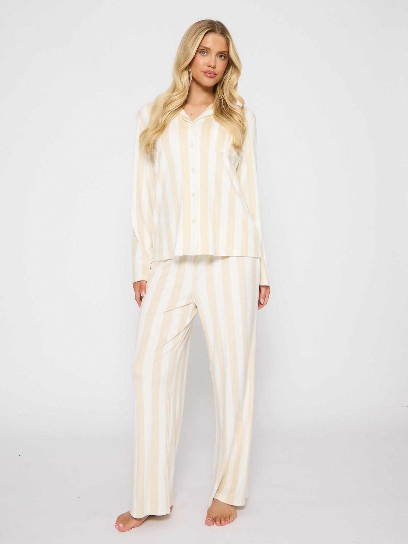 Loungeable Striped Velour Long Sleeved Top And Trouser Traditional Pyjama Set - Taupe - Beige