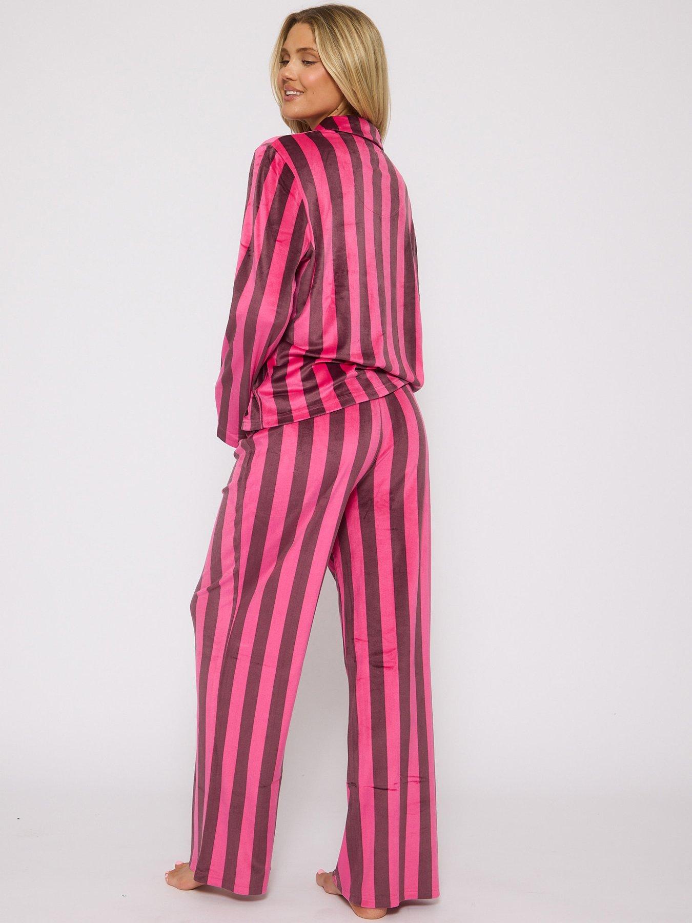 loungeable-striped-velour-long-sleeved-top-and-trouser-traditional-pyjama-set-pinkstillFront