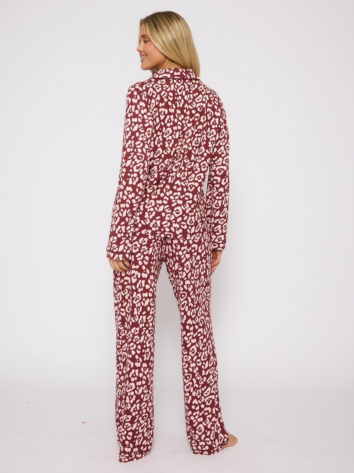 Image 2 of 5 of Loungeable Leopard Long Sleeved Button Down Traditional Pyjama Set - Burgundy - Red