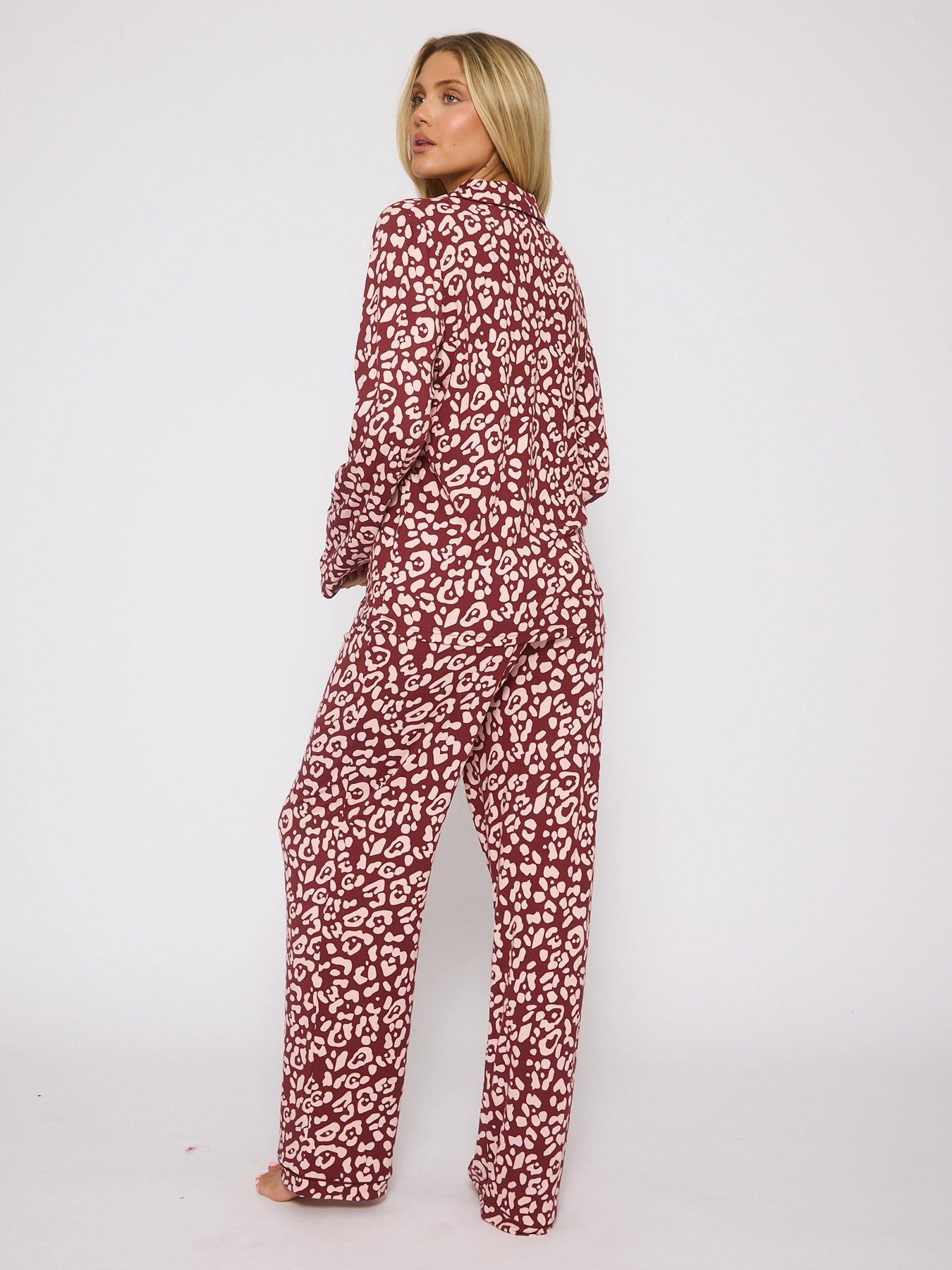 Image 3 of 5 of Loungeable Leopard Long Sleeved Button Down Traditional Pyjama Set - Burgundy - Red