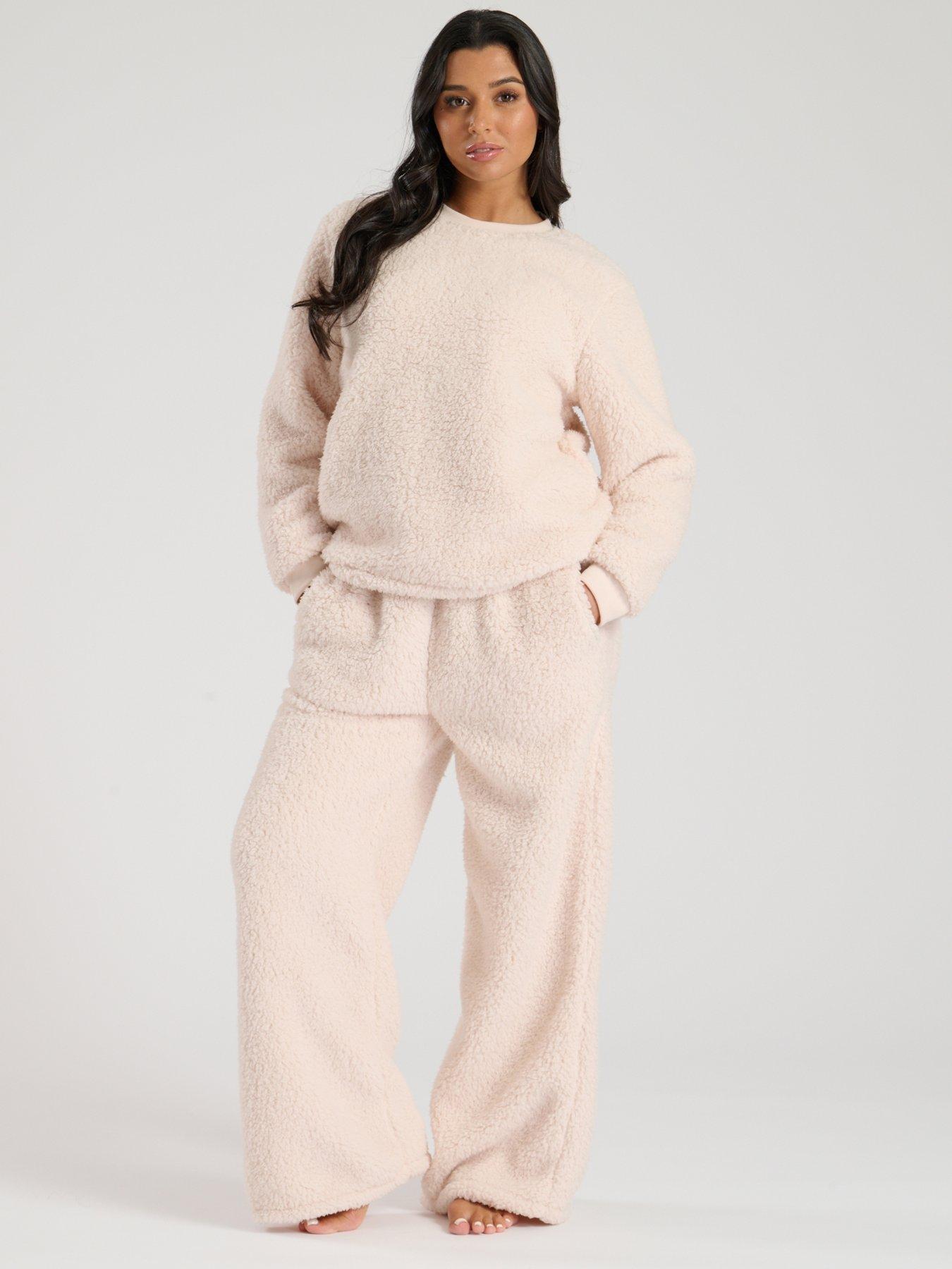 Loungeable Borg Jumper  &  Wide Leg Lounge Set - Cream