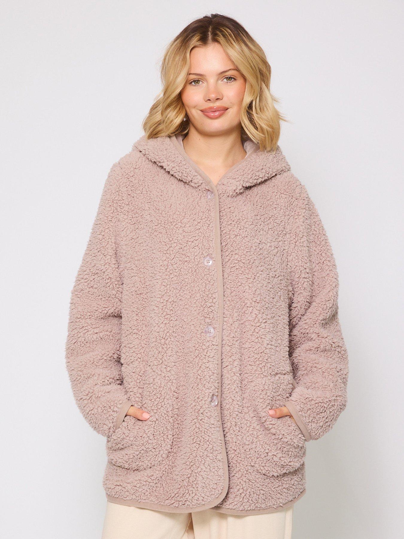 Image 1 of 4 of Loungeable Borg Button Lounge Hooded Cardigan - Beige