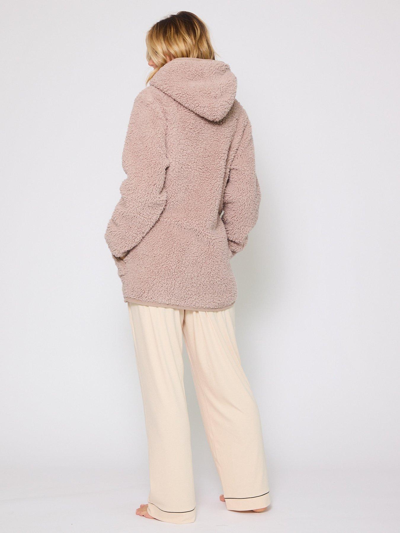 Image 3 of 4 of Loungeable Borg Button Lounge Hooded Cardigan - Beige