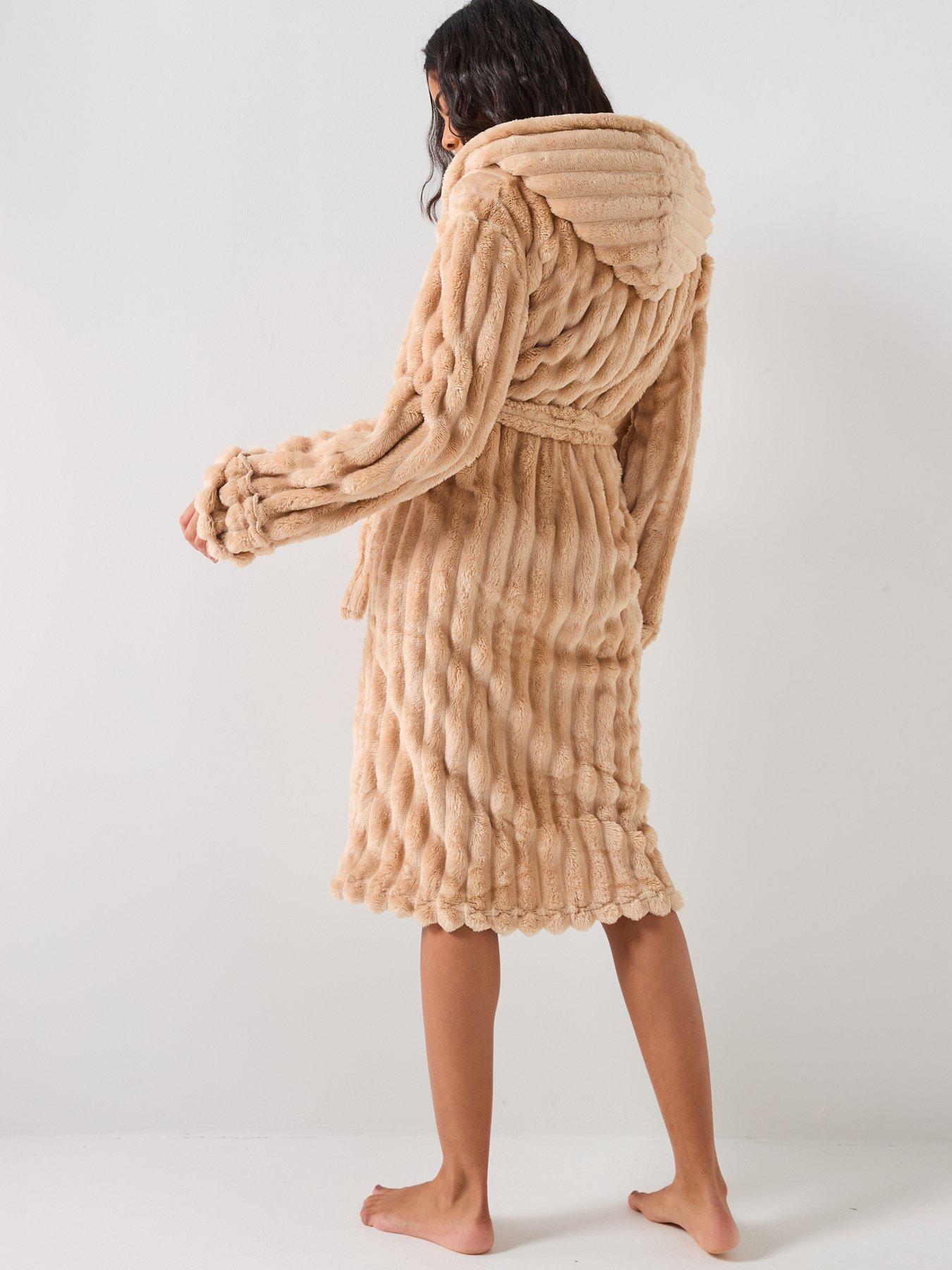 loungeable-plush-ridged-fleece-hooded-dressing-gown-with-faux-fur-leopard-trim-beigestillFront