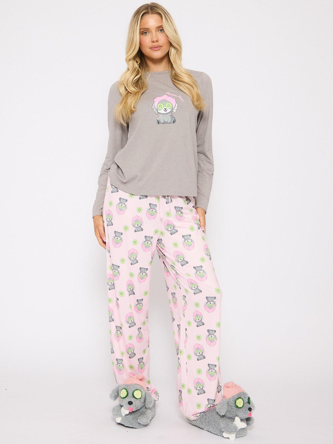 loungeable-pamper-pooch-printed-short-sleeved-top-and-trouser-pyjama-set-grey