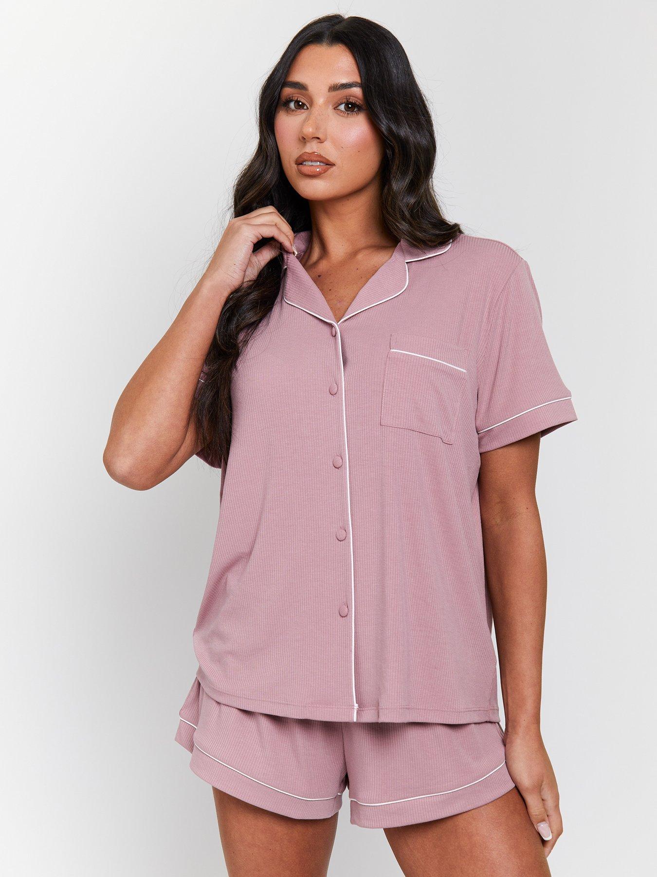 Loungeable Rib Short Sleeve Traditional Shirt And Shorts - Pink