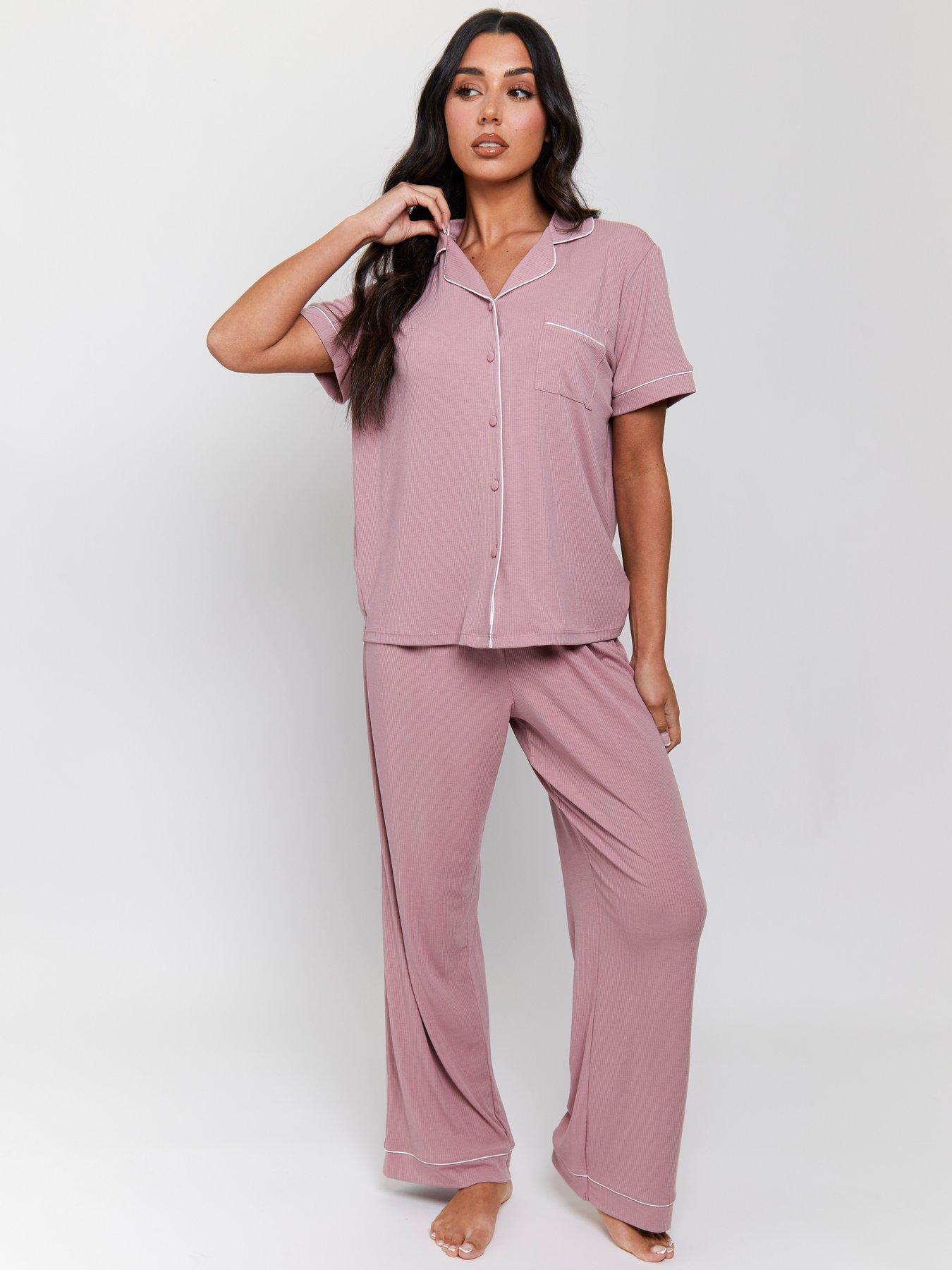 loungeable-rib-short-sleeve-traditional-shirt-and-long-pant-pyjama-set-dusty-pink