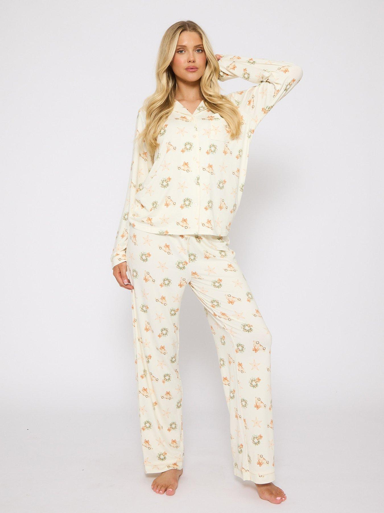 Loungeable Neutral Button Shirt And Long Pant Christmas Pyjama Set - Cream