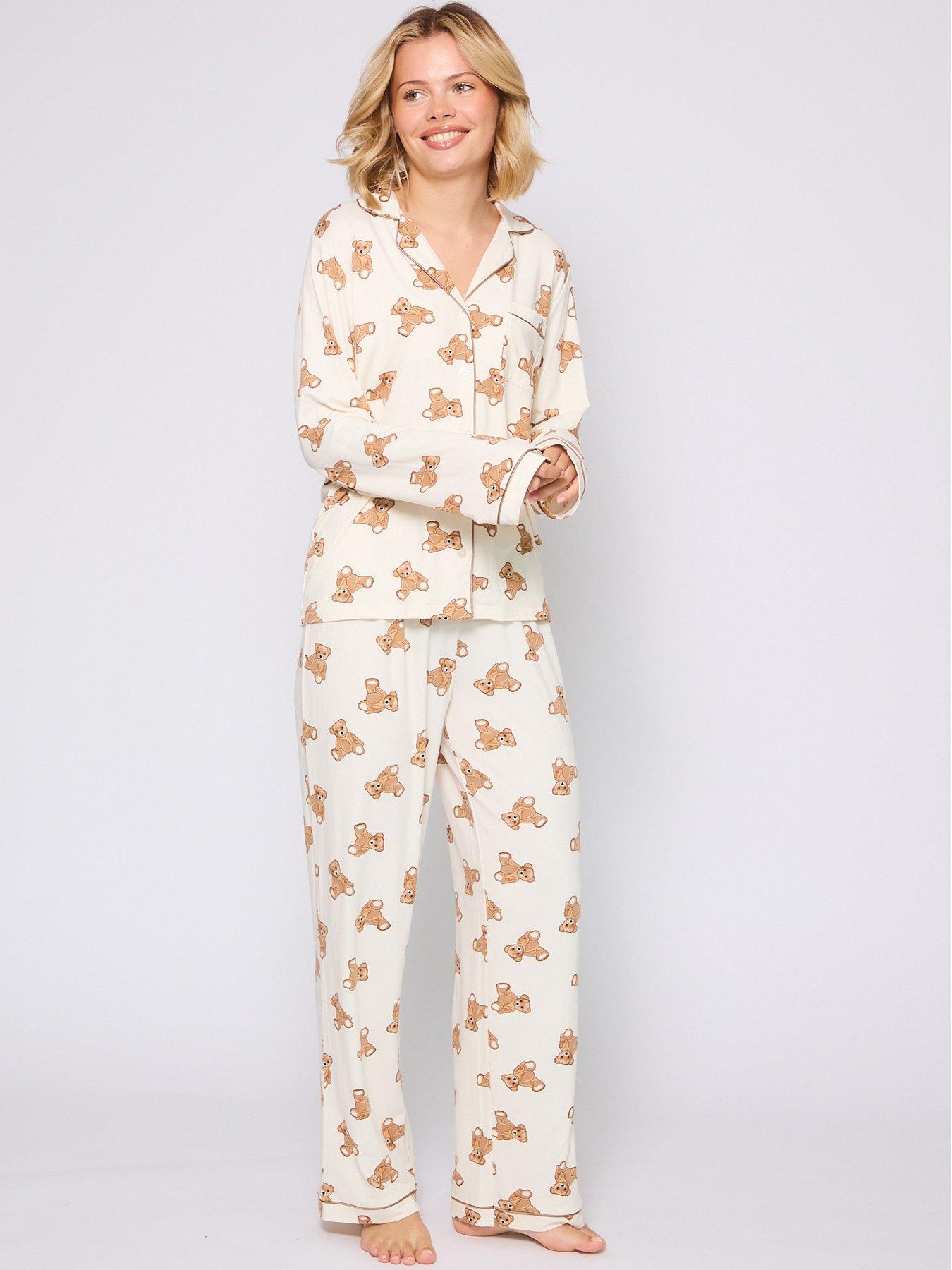 Image 1 of 5 of Loungeable Teddy Bear Button Shirt And Long Pant Pyjamas Set - Cream