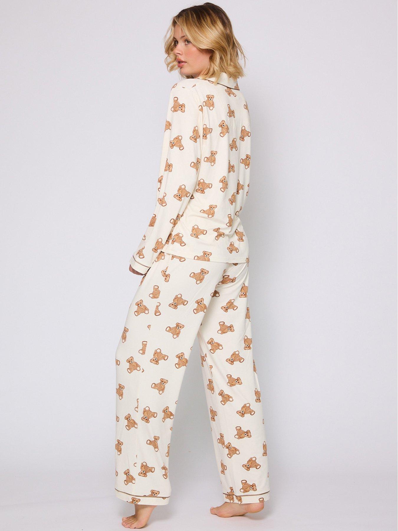 Image 2 of 5 of Loungeable Teddy Bear Button Shirt And Long Pant Pyjamas Set - Cream