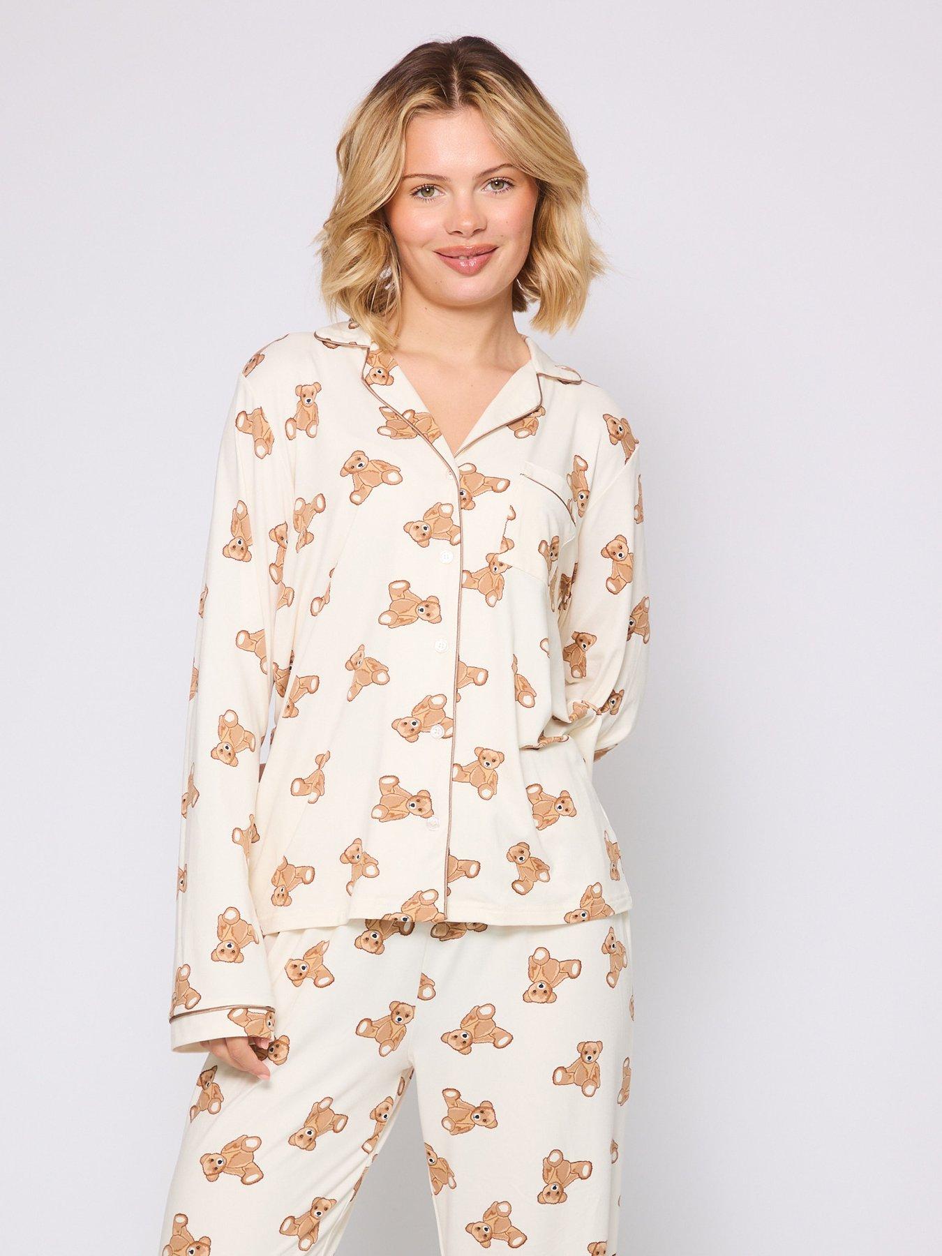 Image 4 of 5 of Loungeable Teddy Bear Button Shirt And Long Pant Pyjamas Set - Cream