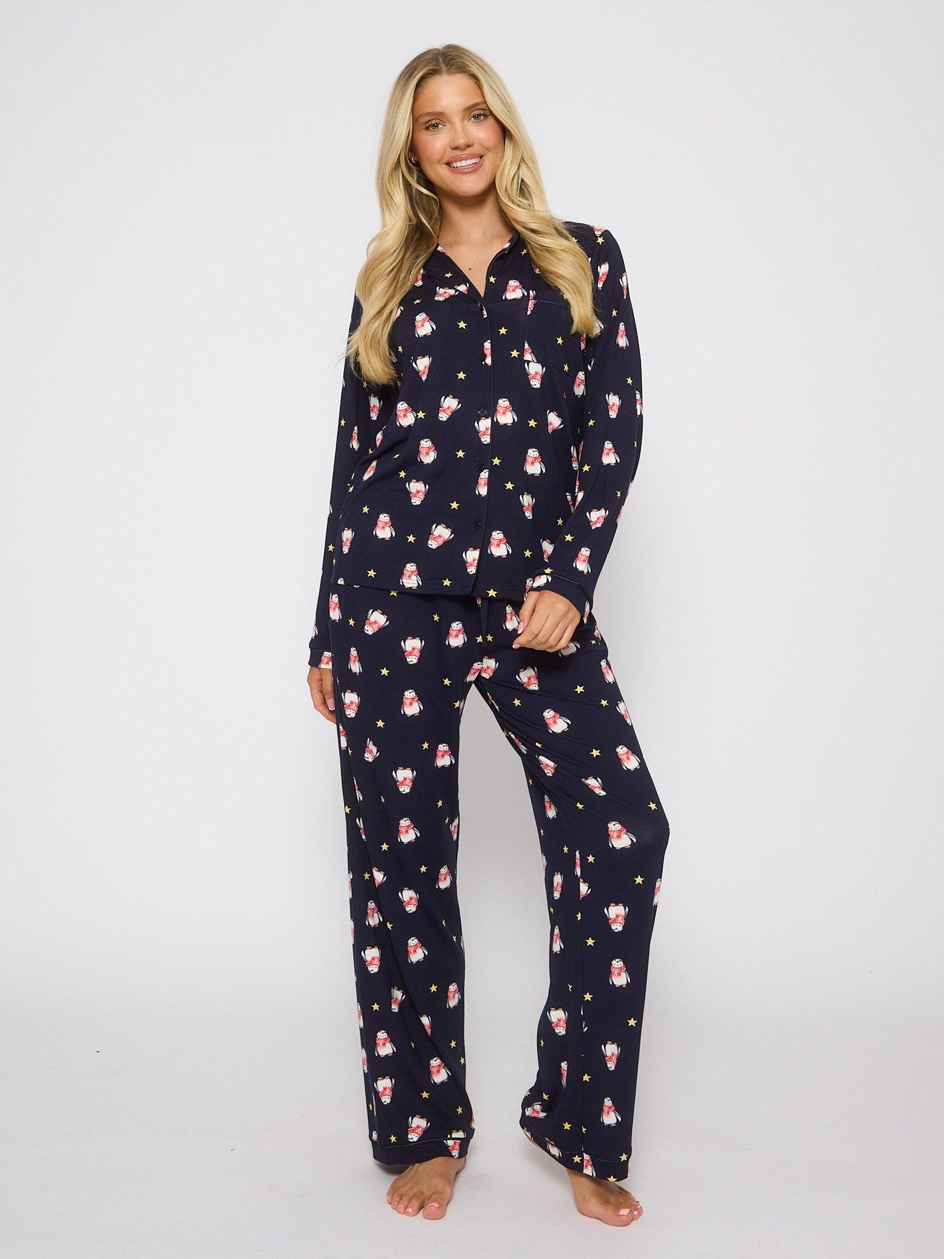loungeable-penquin-long-sleeved-button-down-traditional-pyjama-set-navy
